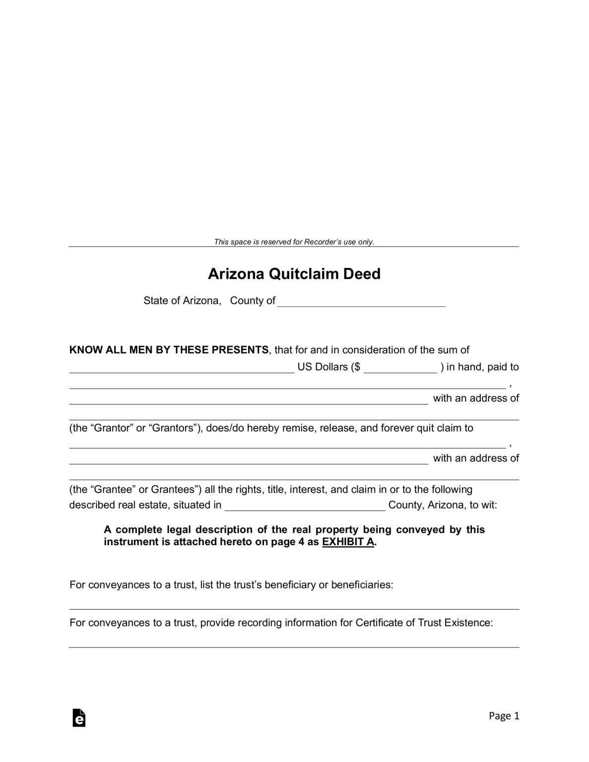 Free Arizona Quit Claim Deed Form - PDF | Word – eForms
