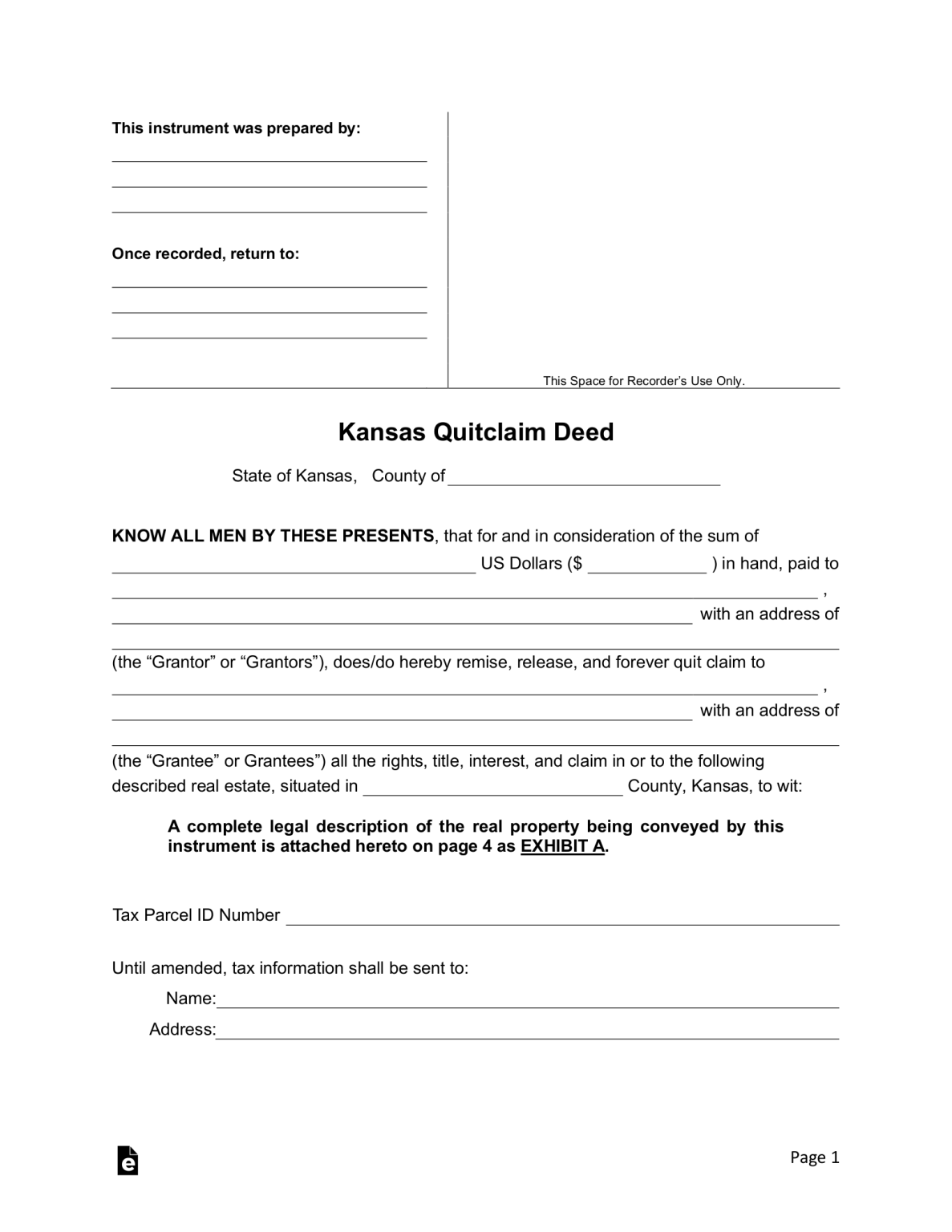 Printable Quit Claim Deed Form Kansas - Printable Forms Free Online