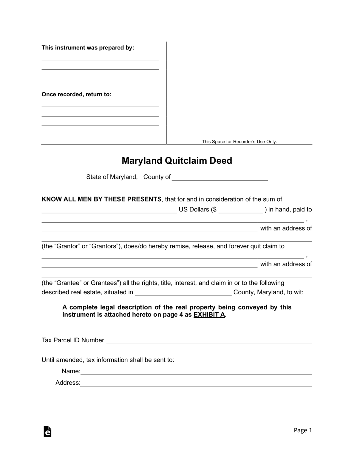 Free Maryland Quit Claim Deed Form - PDF | Word – eForms