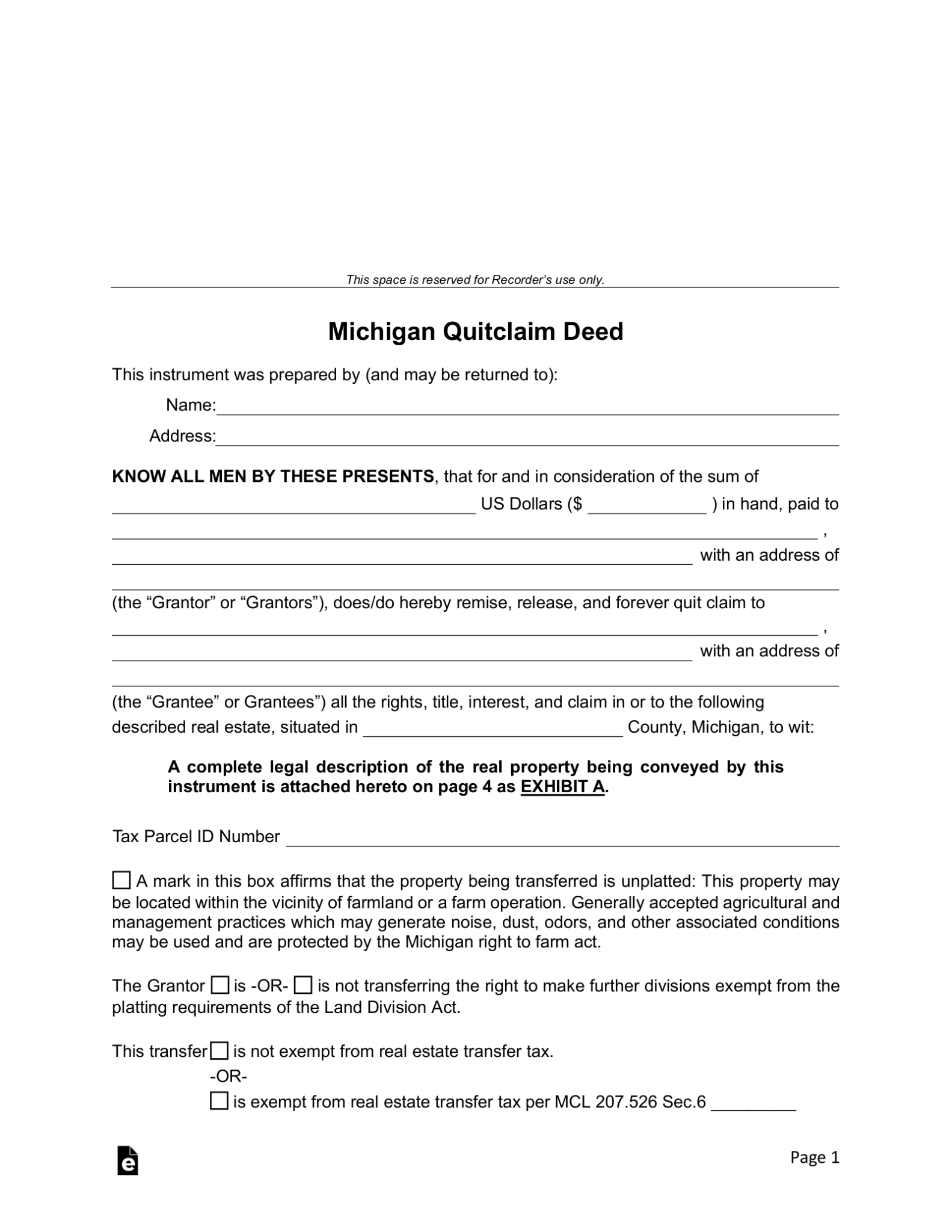 Free Michigan Quit Claim Deed Form - Pdf 