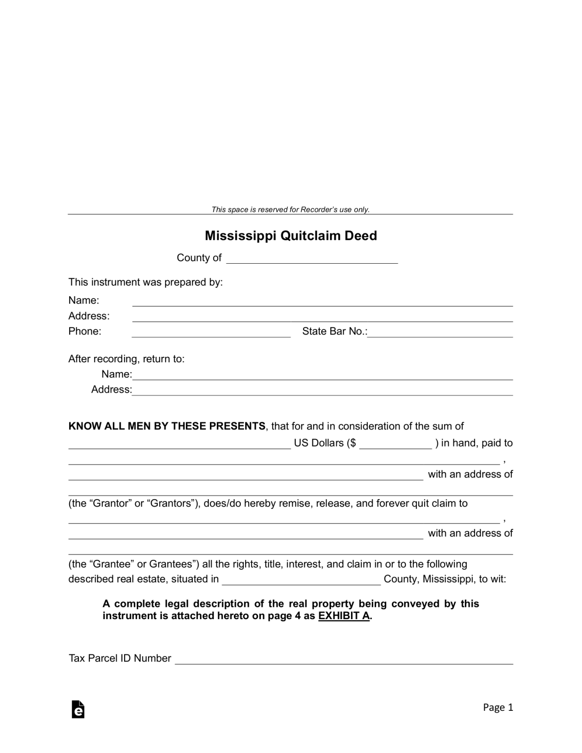 Free Mississippi Quit Claim Deed Form PDF Word eForms