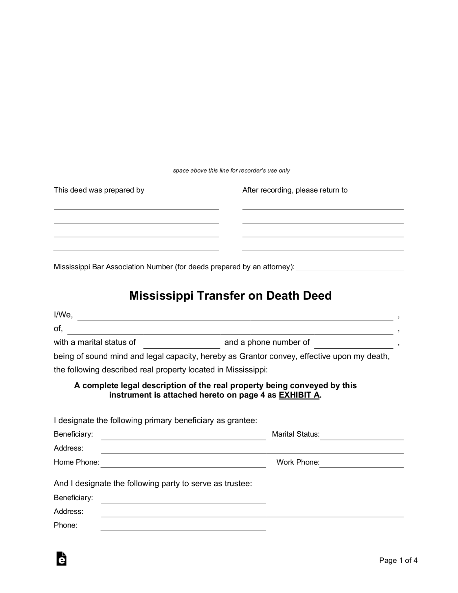 Free Mississippi Transfer on Death Deed PDF Word eForms