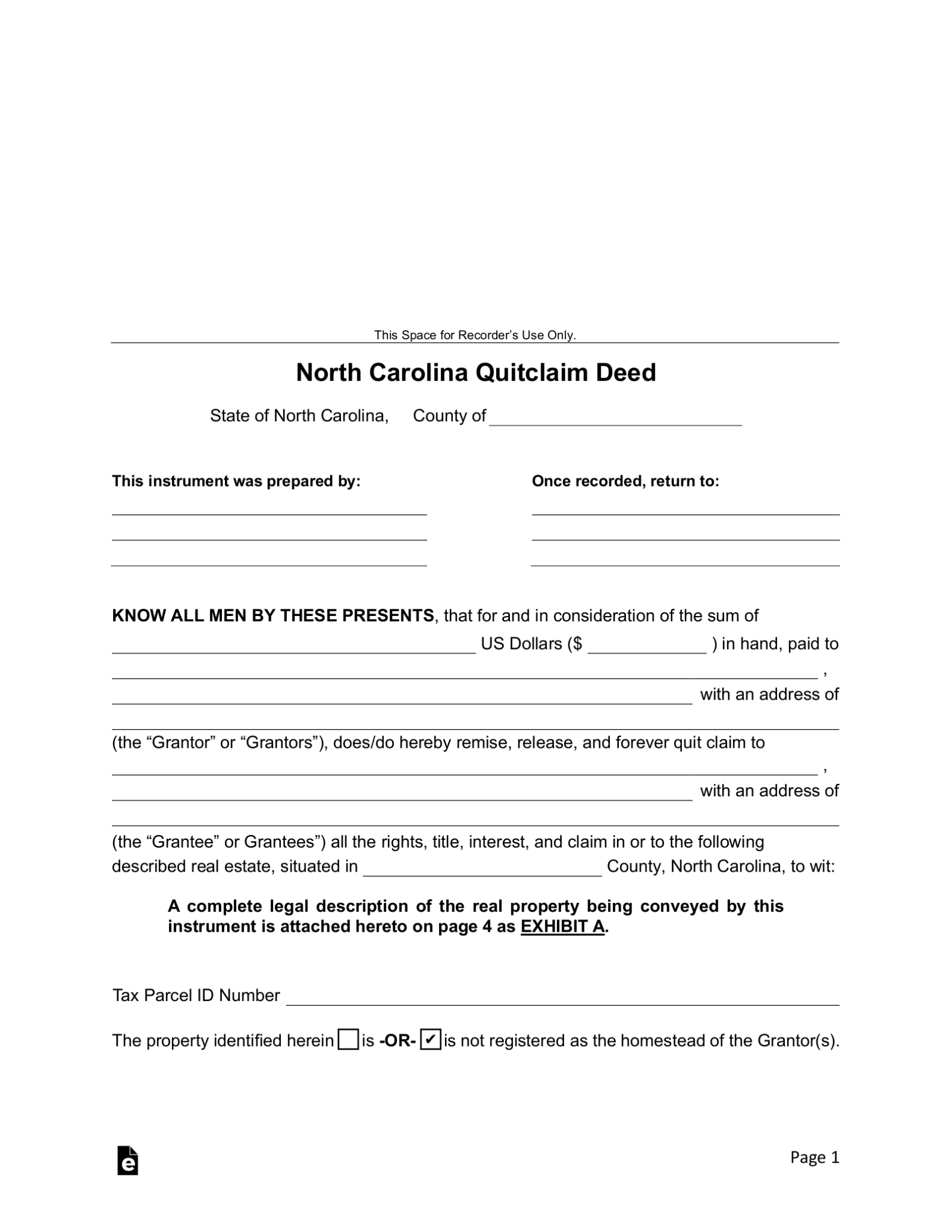 Free North Carolina Quit Claim Deed Form - PDF | Word – eForms