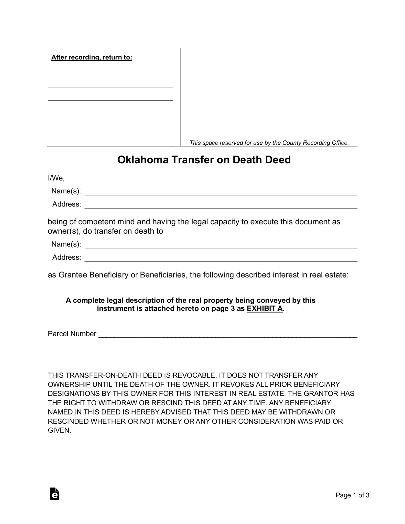 Free Oklahoma Transfer On Death Deed Pdf Word Eforms 7024