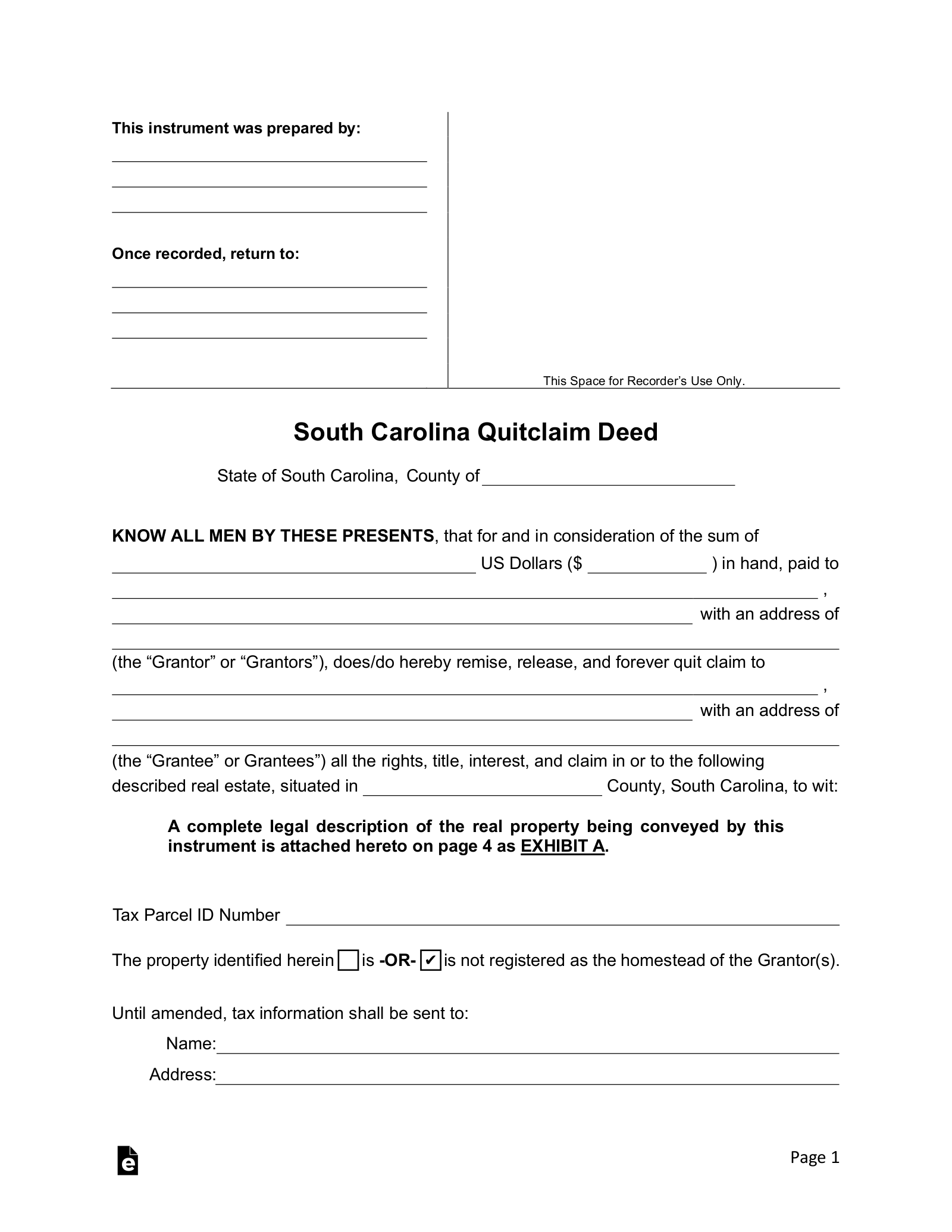 South Carolina Quit Claim Deed Form