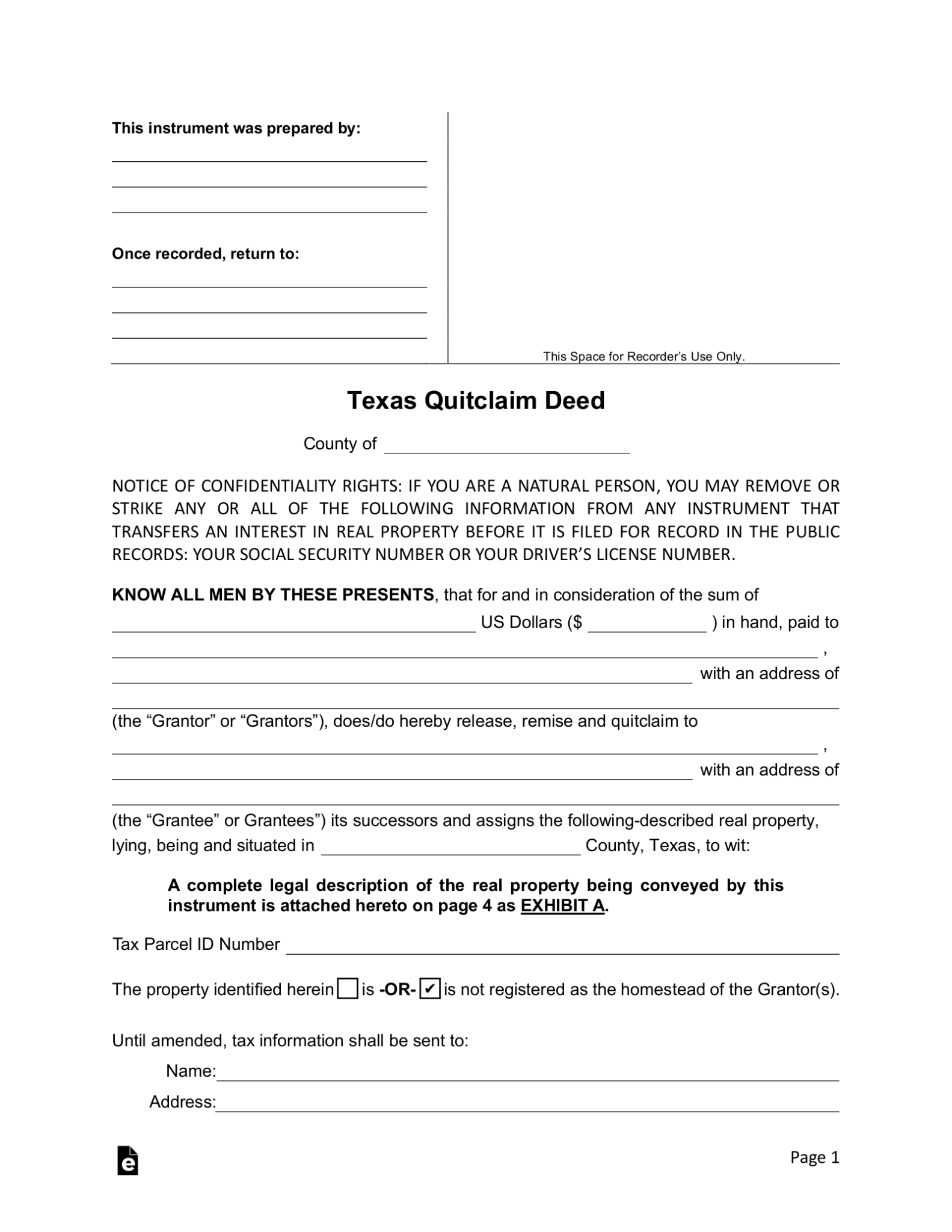 Free Texas Quit Claim Deed Form PDF Word eForms