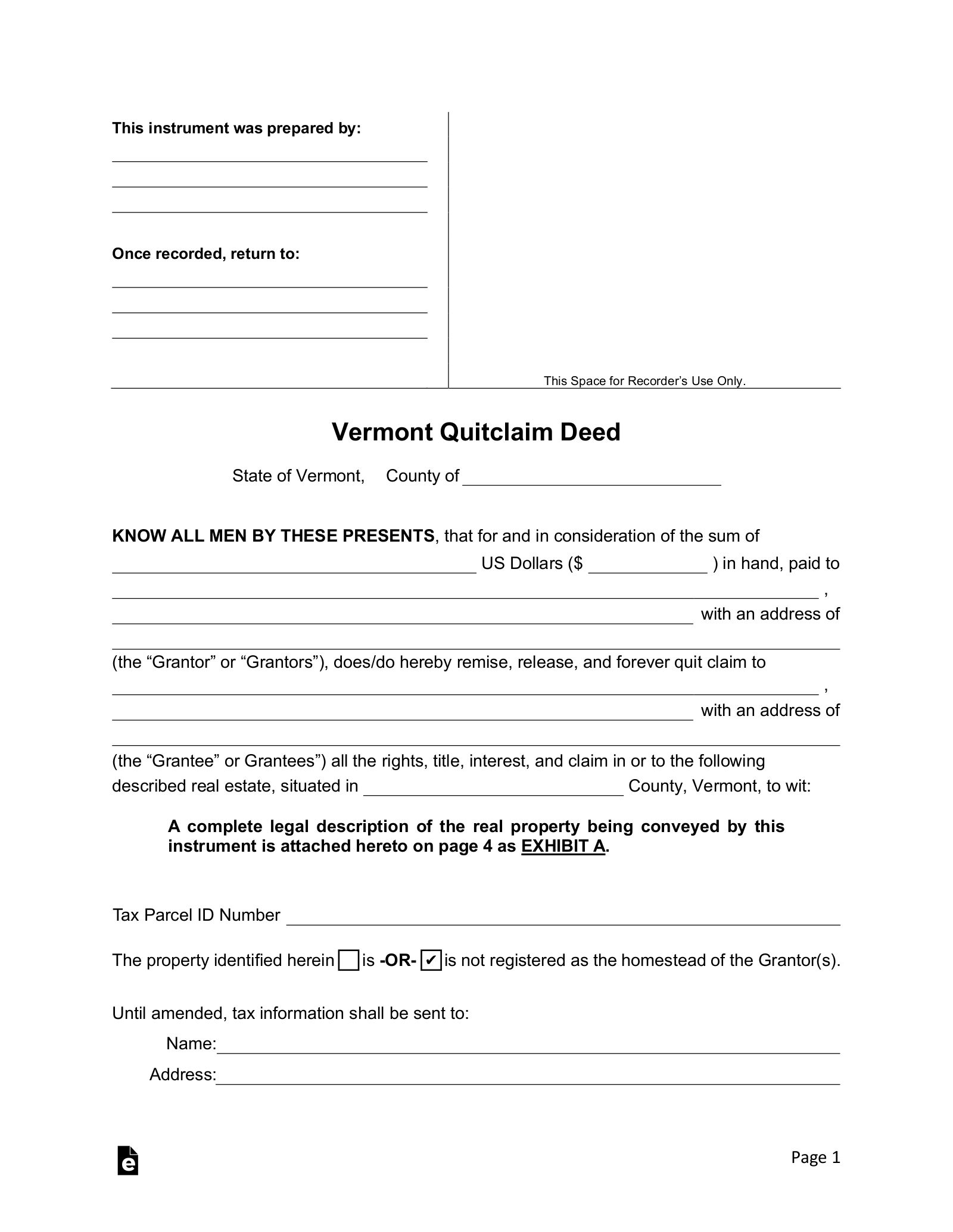 Vermont Quit Claim Deed Form