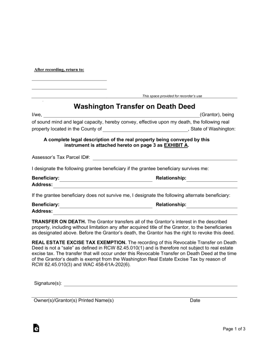 Free Washington Transfer On Death Deed PDF Word EForms