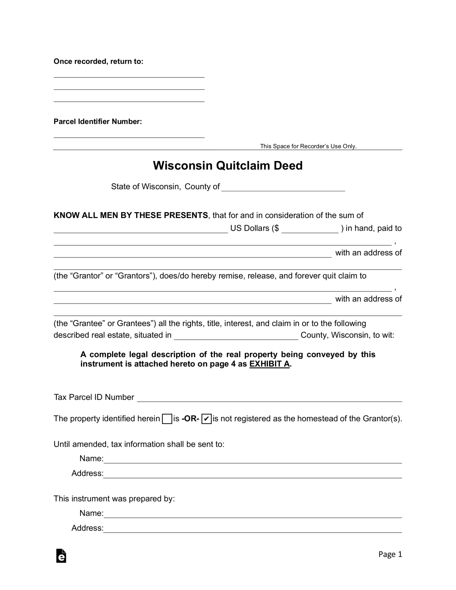 Free Wisconsin Quit Claim Deed Form PDF Word eForms