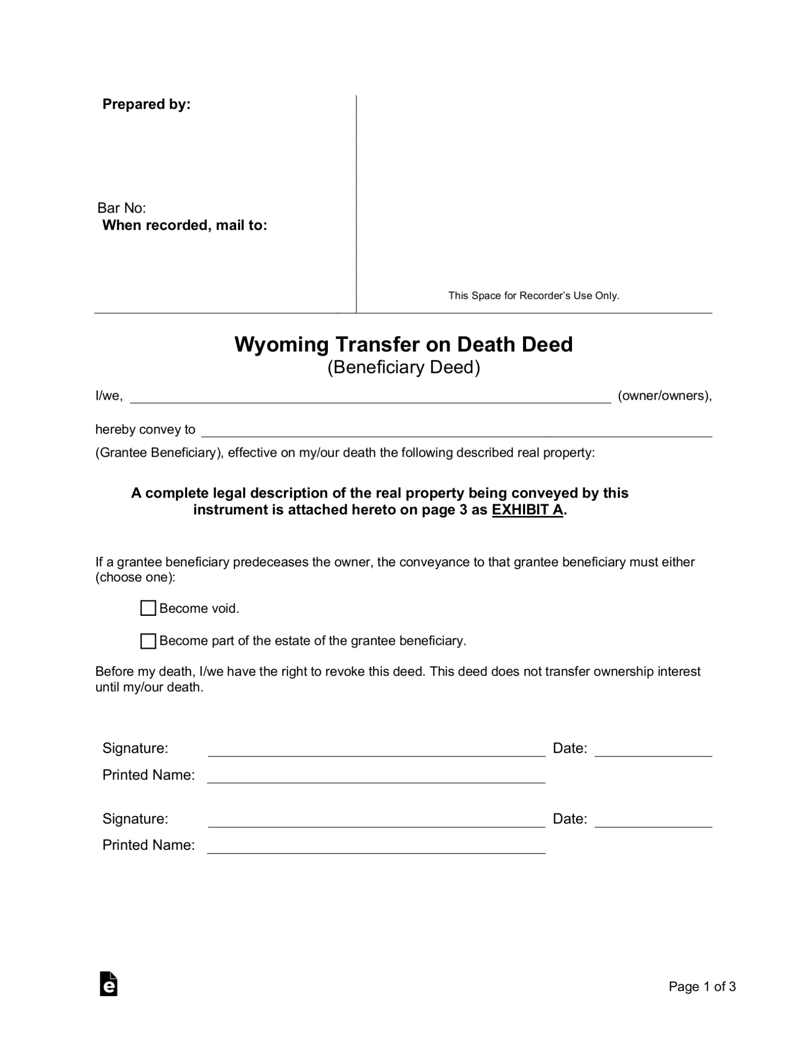 Free Wyoming Transfer on Death Deed PDF Word eForms