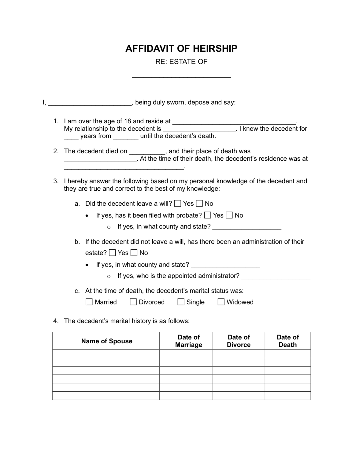 Free Affidavit Of Heirship Form Pdf Word Eforms 3975