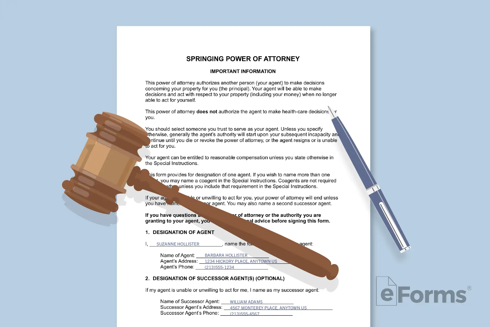 Springing Power of Attorney document with gavel and pen.