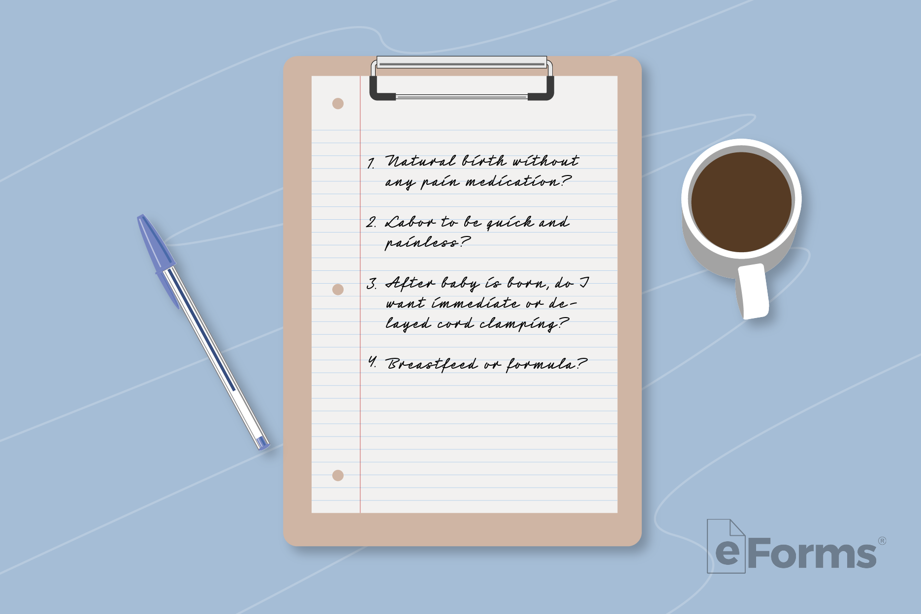 Clipboard on surface with list of requirements with pen and cup of coffee.
