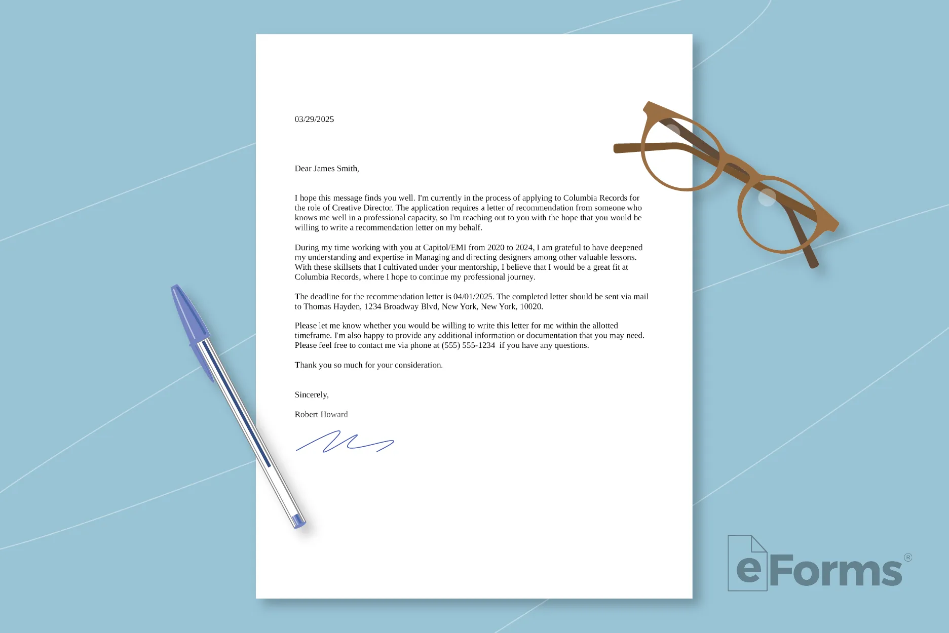 Request letter with pair of glasses and pen.
