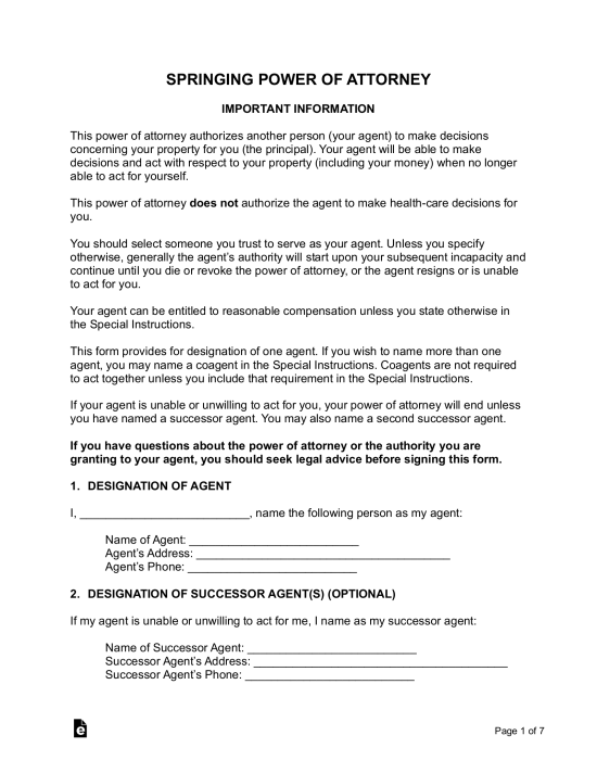 Free Springing (Durable) Power of Attorney Form - PDF | Word – eForms