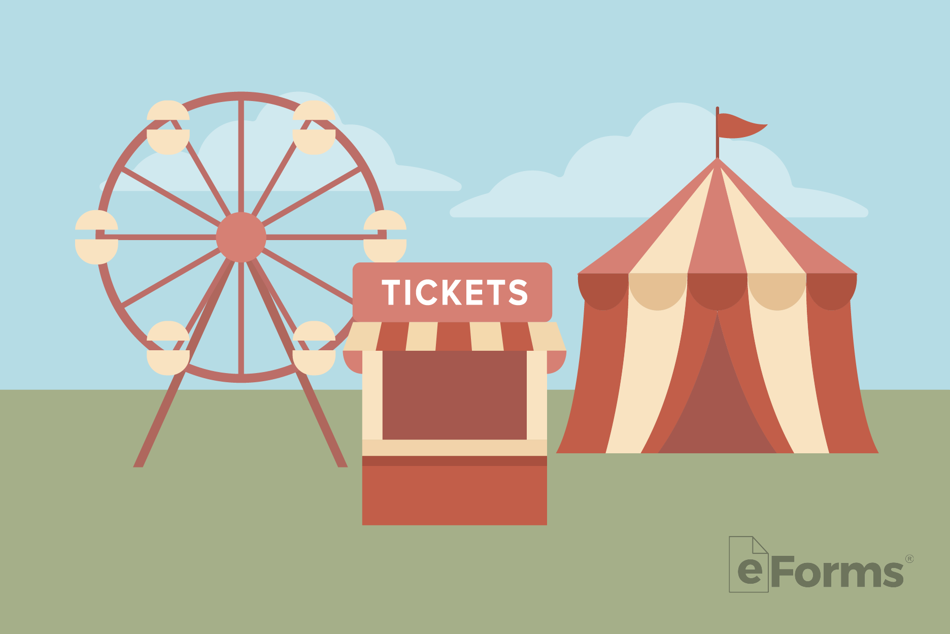 Image of a ticket booth, ferris wheel, and tent.