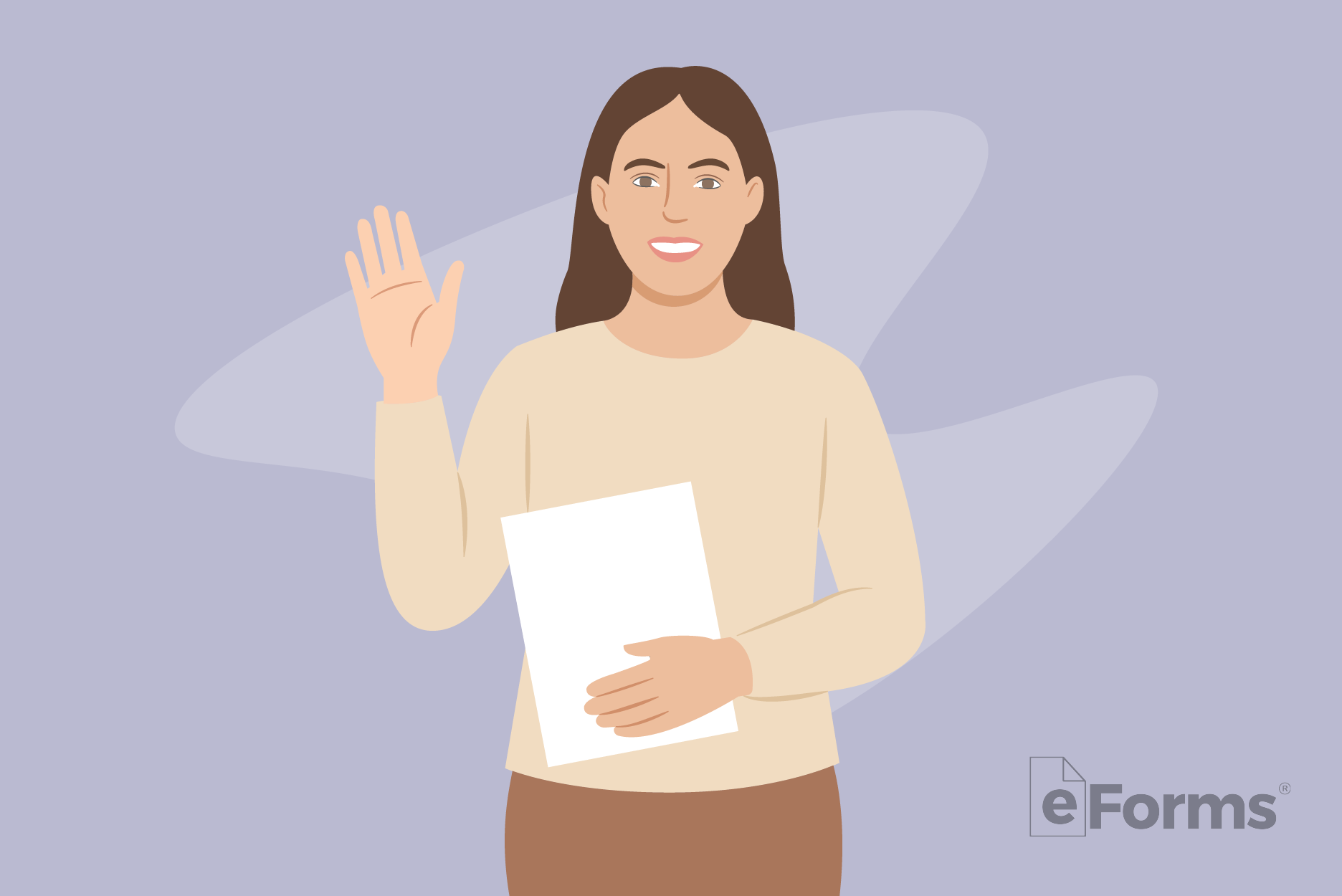 Woman standing with document waving.