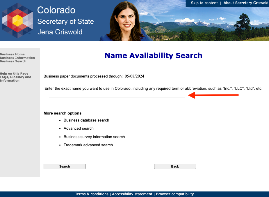 Screenshot of the Colorado SOS business name search portal.
