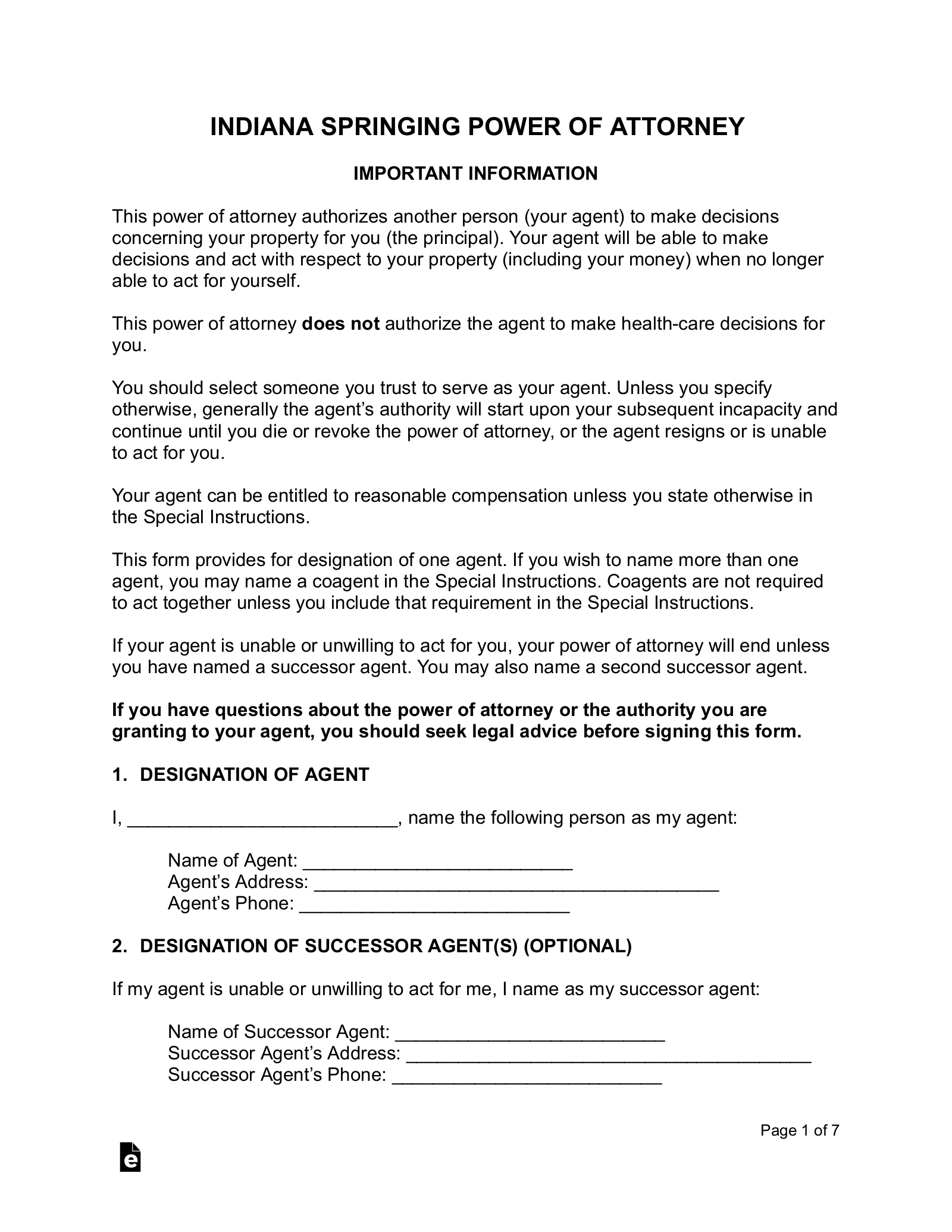 Free Indiana Springing Power Of Attorney Form Pdf Word Eforms