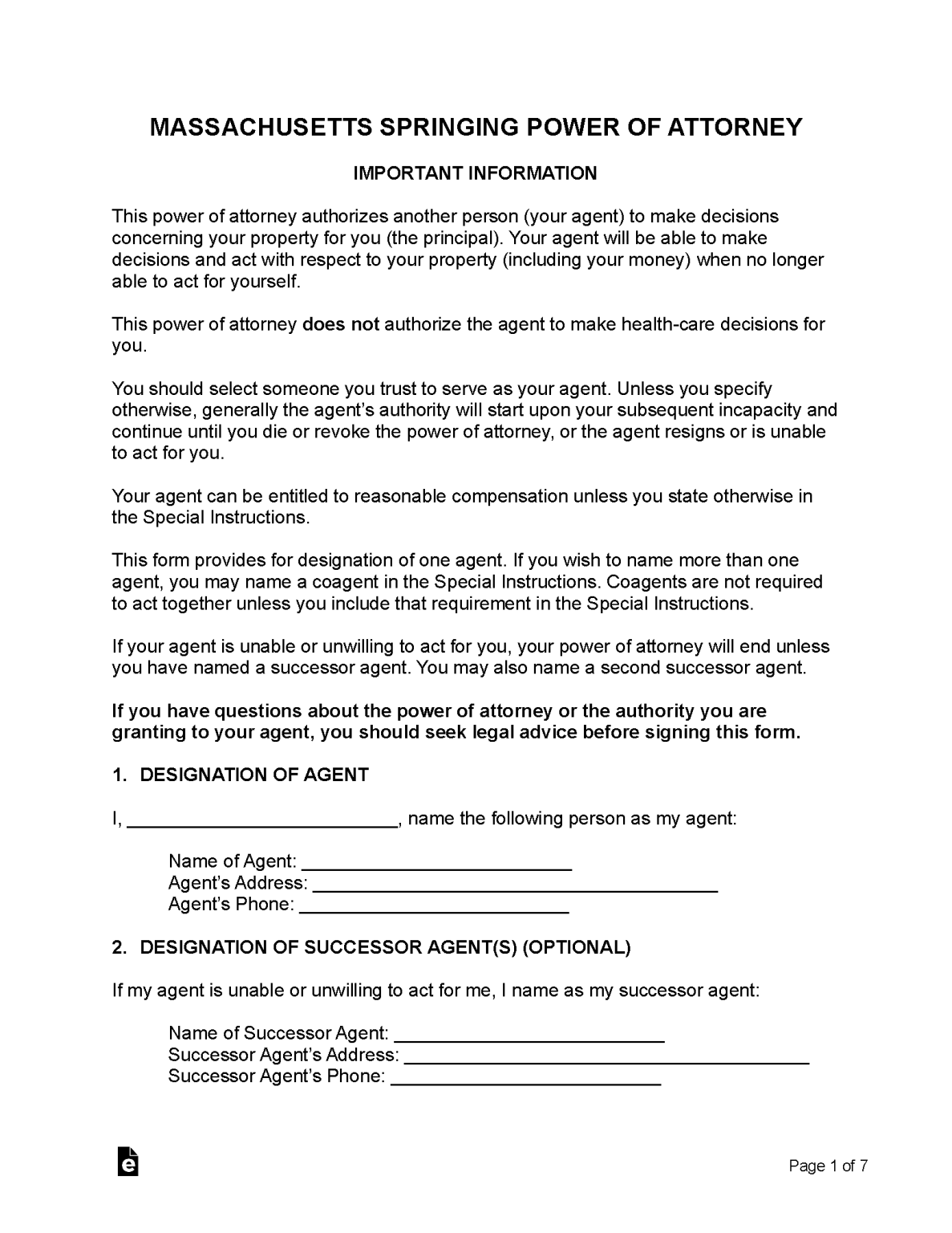 Free Massachusetts Springing Power of Attorney Form - PDF | Word – eForms
