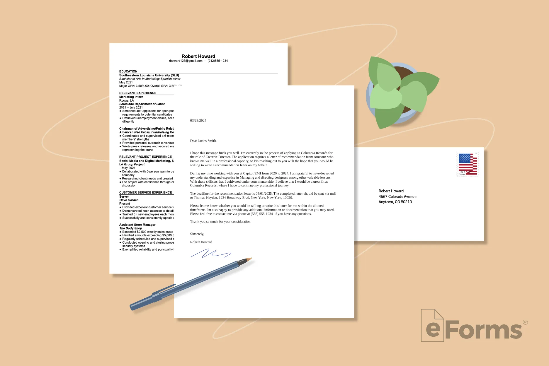 Referral letter, resume, and self addressed stamped envelope.