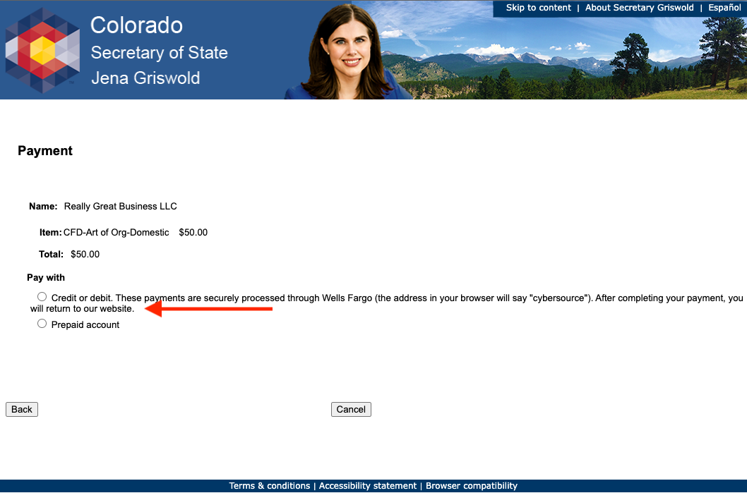 Payment portal for Colorado Articles of Organization.