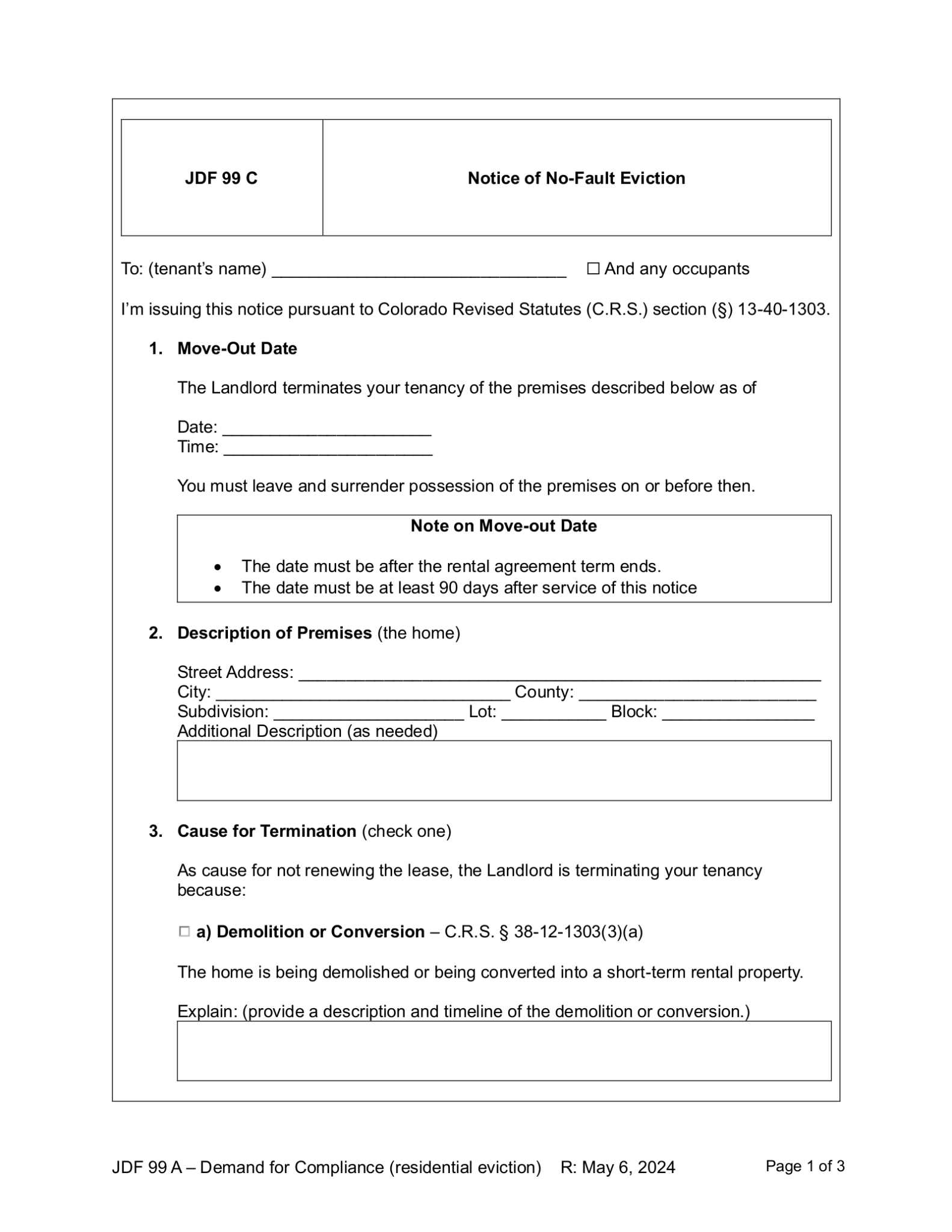 Free Colorado Notice of No-Fault Eviction (JDF 99 C) - PDF | Word – eForms