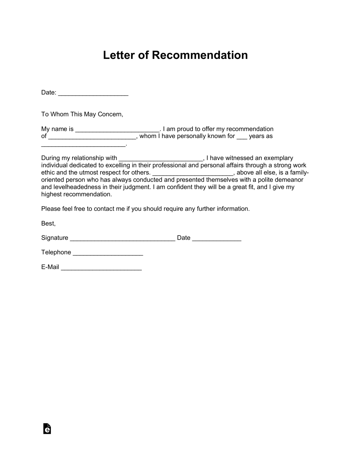 Free Letter of Recommendation Templates - PDF | Word – eForms