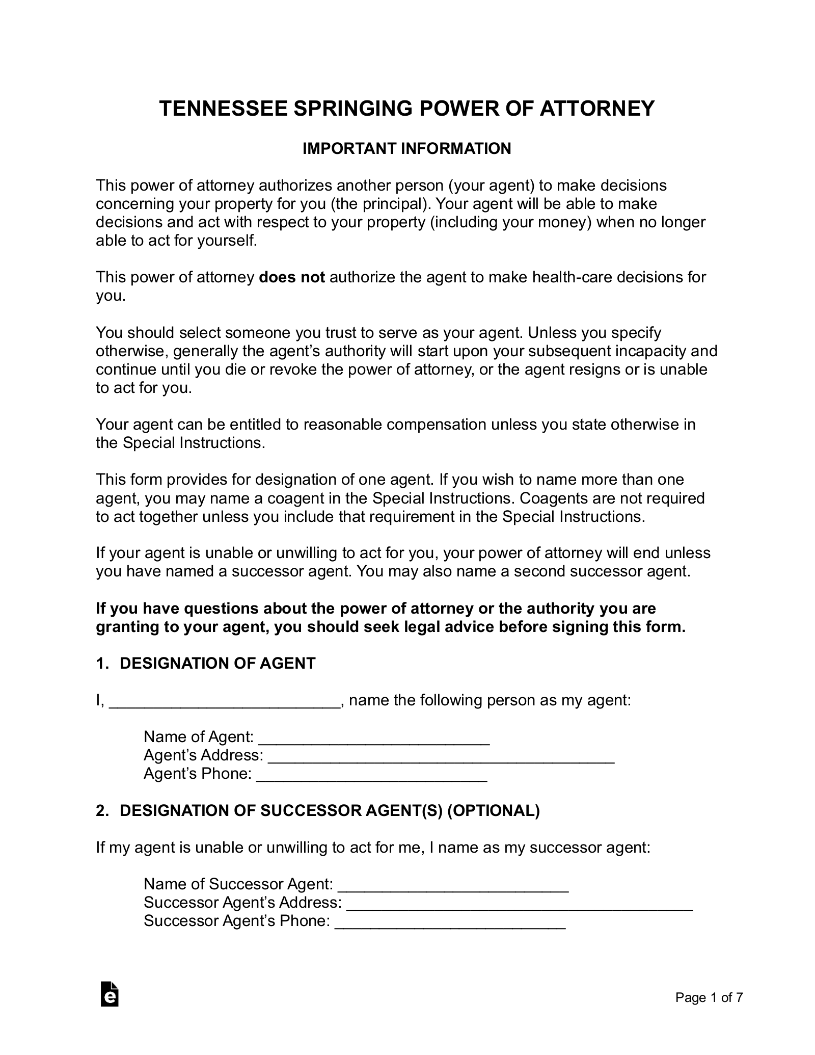 Free Tennessee Springing Power of Attorney Form - PDF | Word – eForms