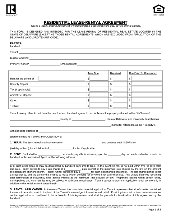 Delaware Assoc. of Realtors Lease Agreement