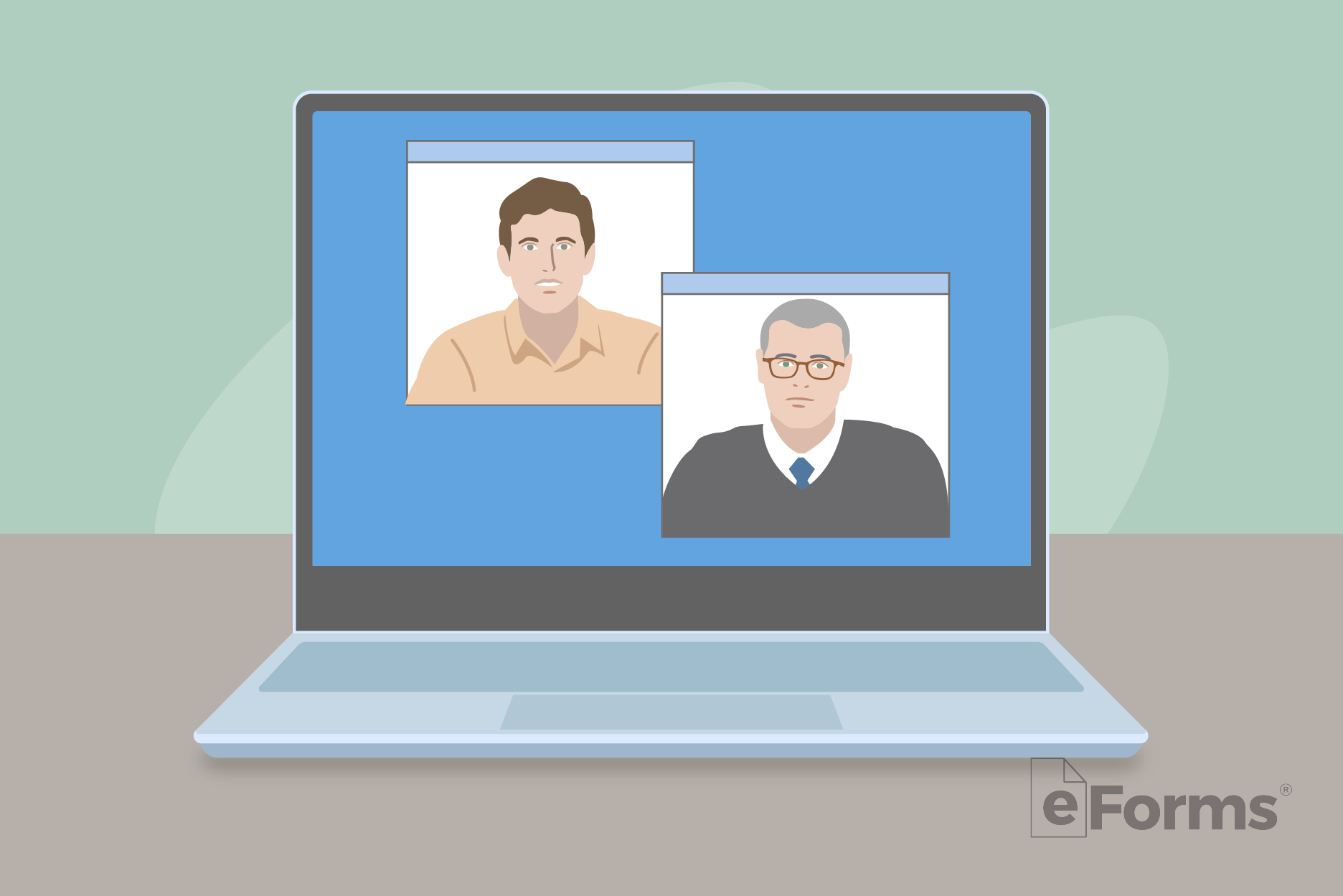 Laptop displaying 2 males on a video conference call.