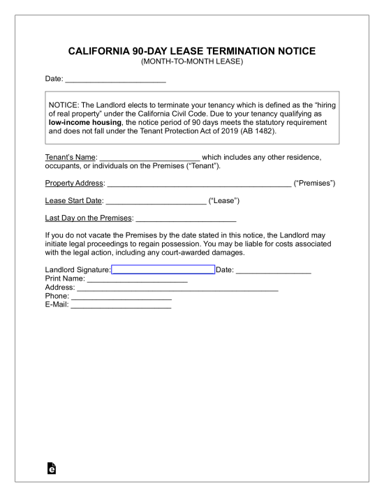 California Lease Termination Letter | 90-Day Notice