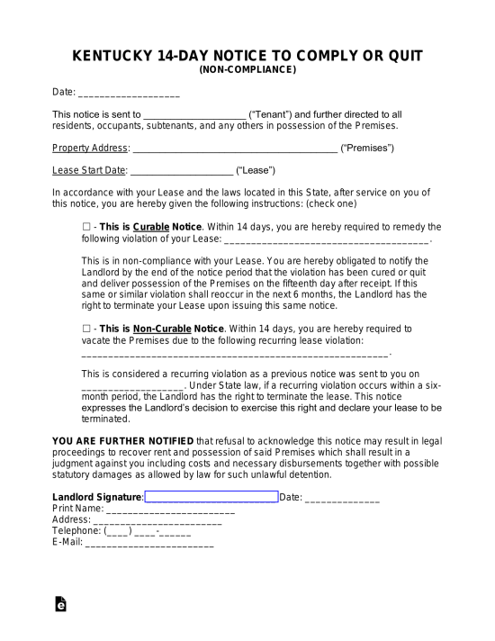 Free Kentucky 14-Day Eviction Notice | Non-Compliance - PDF | Word – eForms