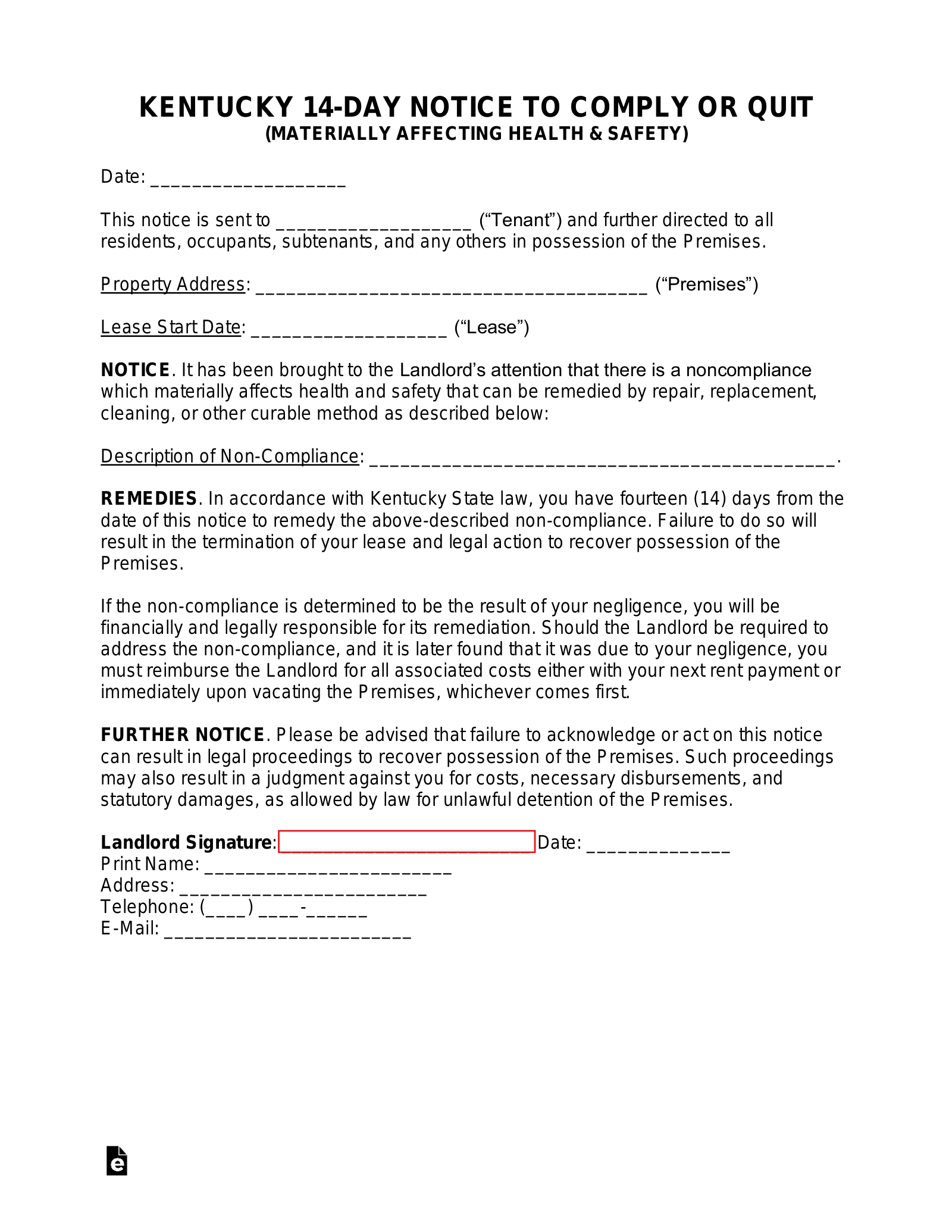 Kentucky 14-Day Eviction Notice | Materially Affecting Health and Safety