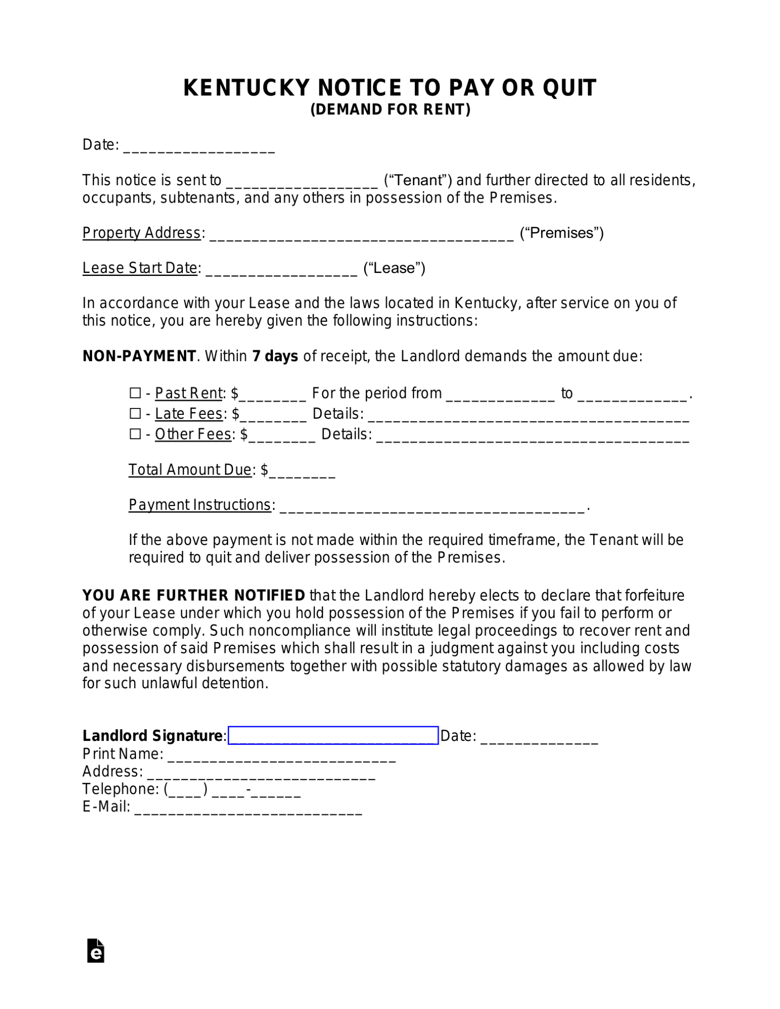 Free Kentucky 7Day Eviction Notice NonPayment of Rent PDF Word