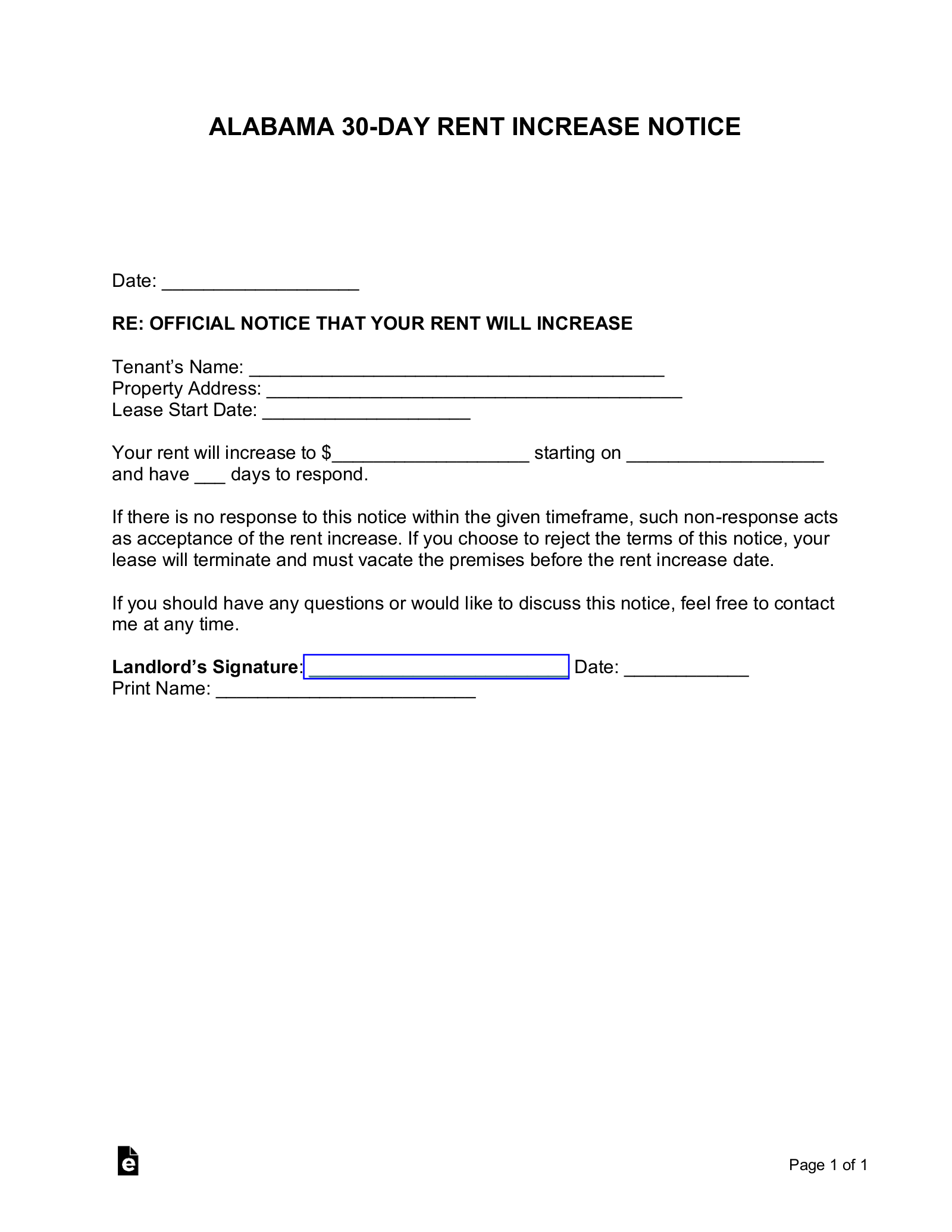 Alabama 30-Day Rent Increase Notice