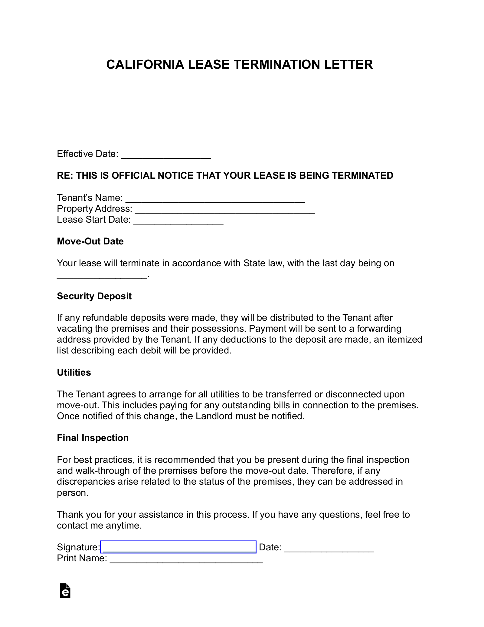 California Lease Termination Letter | 30-Day Notice