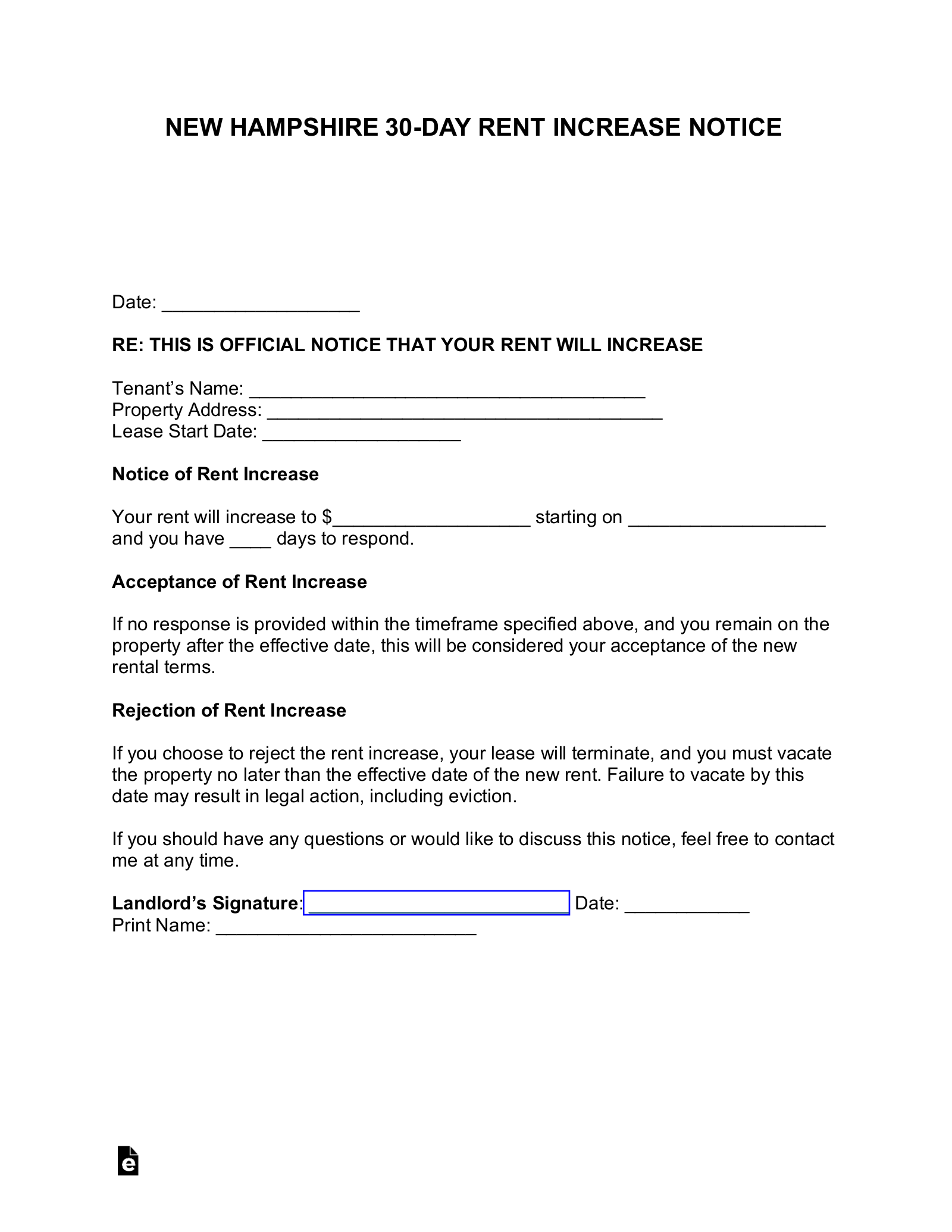 New Hampshire 30-Day Rent Increase Notice