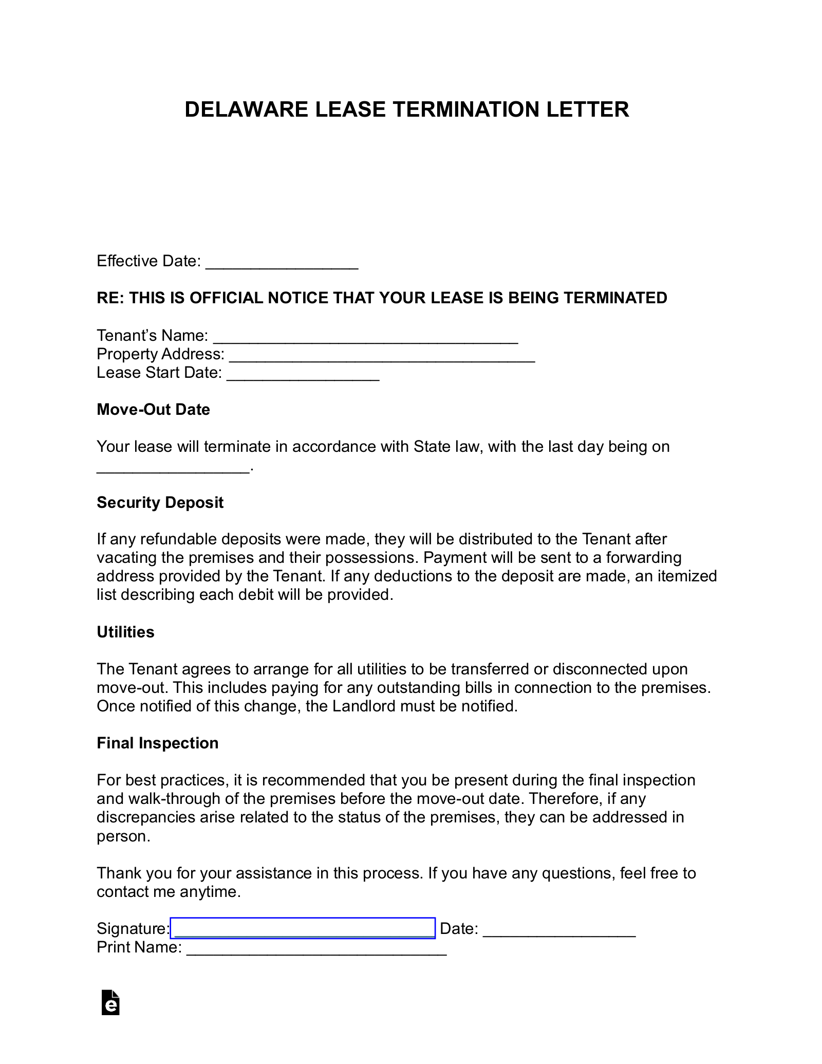 Delaware Lease Termination Letter Form – 60 Day Notice