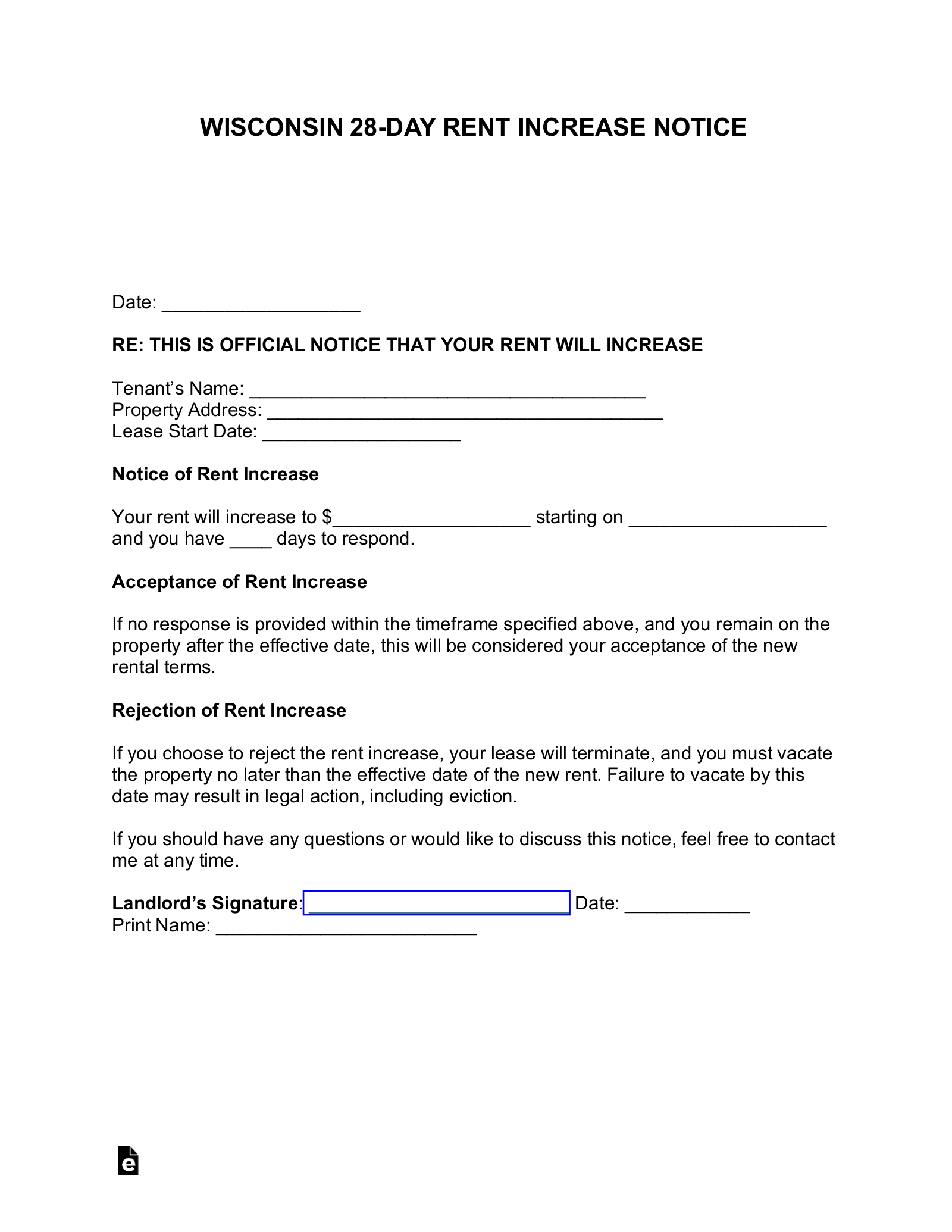Wisconsin 28-Day Rent Increase Notice