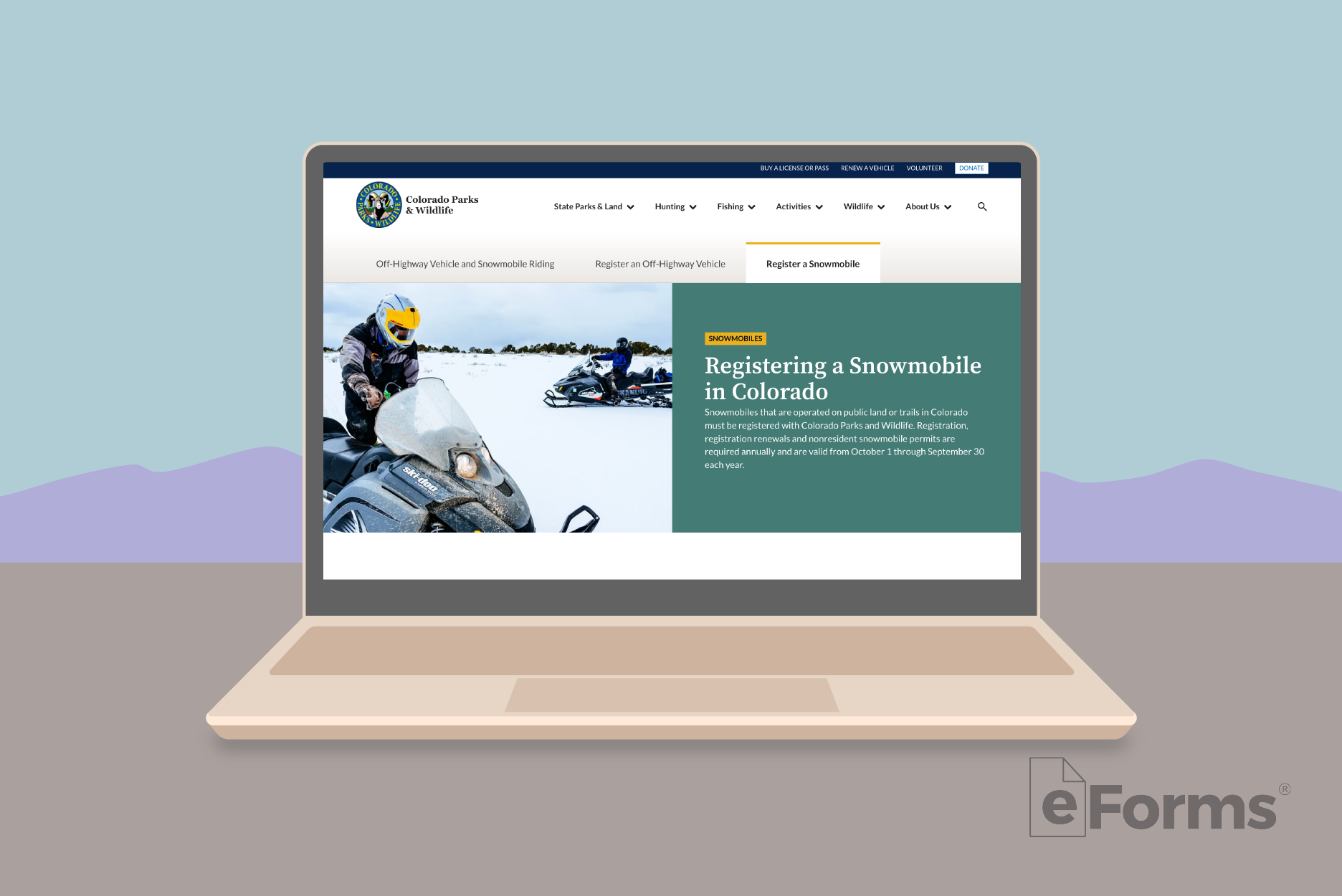 Website featuring a webpage that registers a snowmobile.
