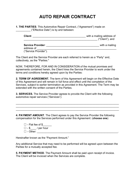 Auto Repair Contract Template