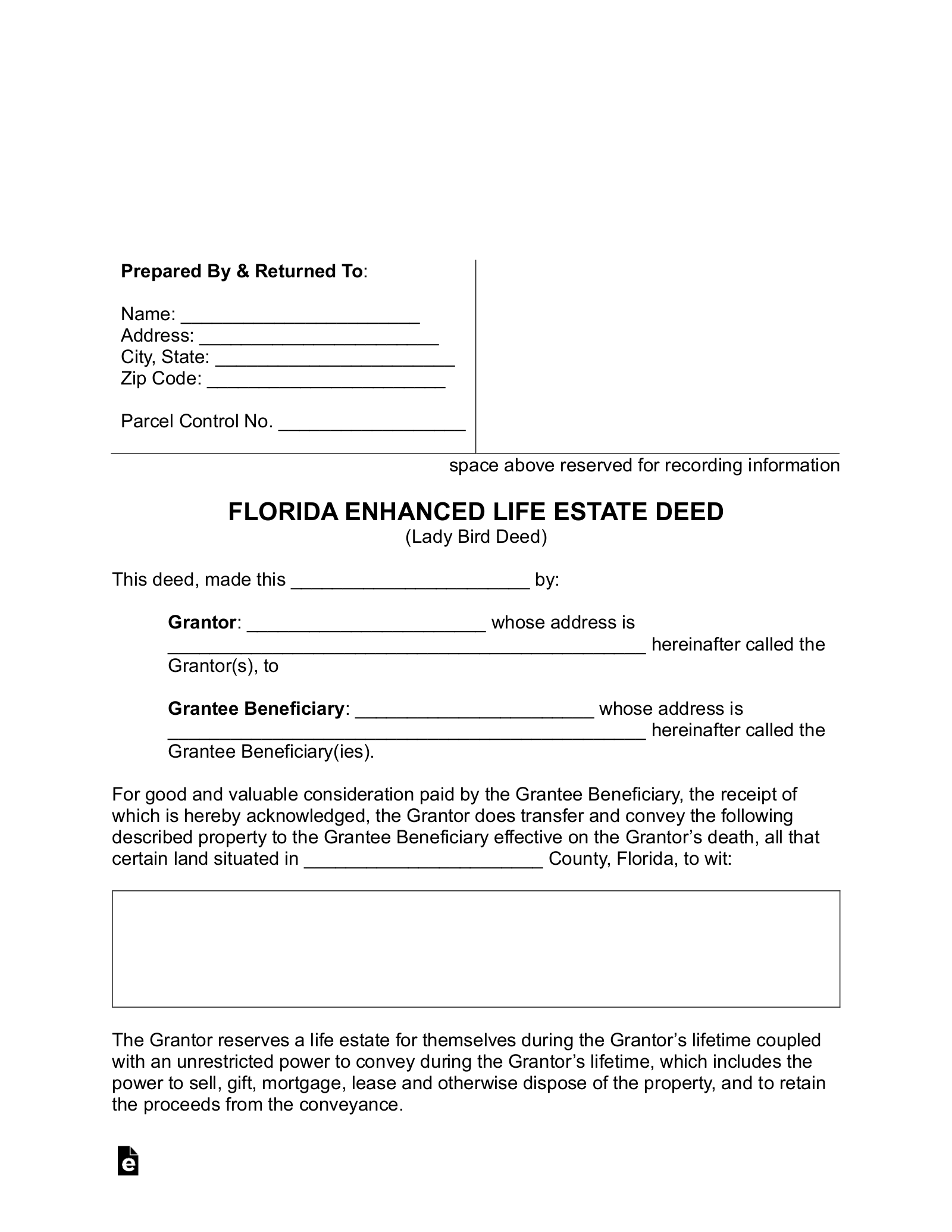 Free Florida Lady Bird Form Enhanced Life Estate PDF Word EForms