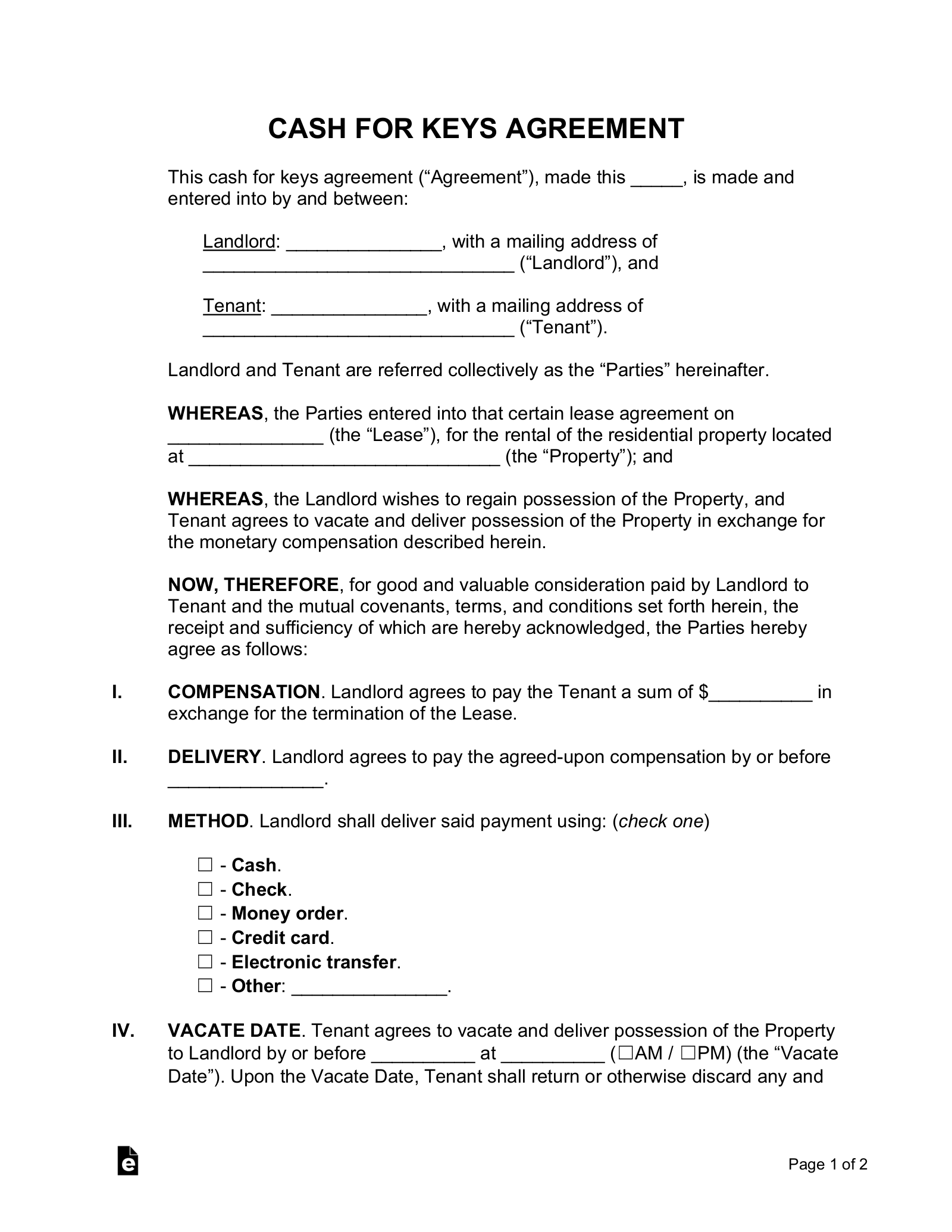 Cash for Keys Agreement