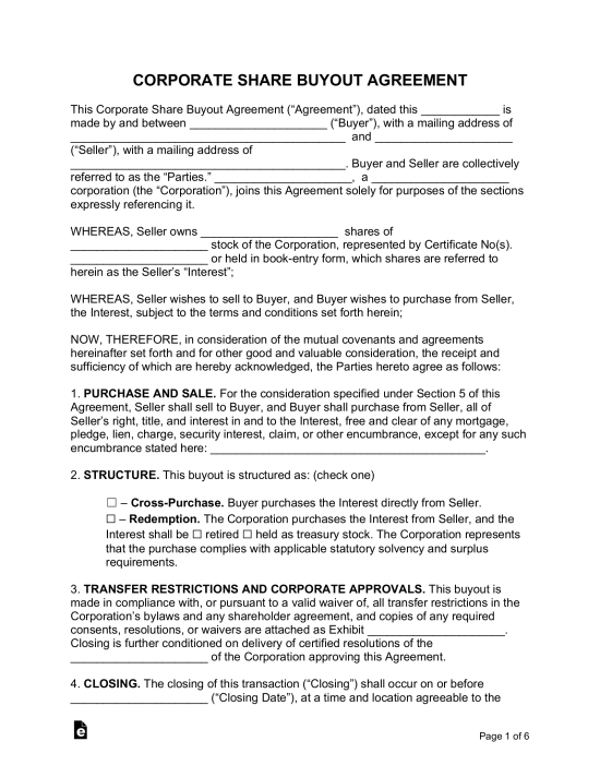 Corporate Share Buyout Agreement