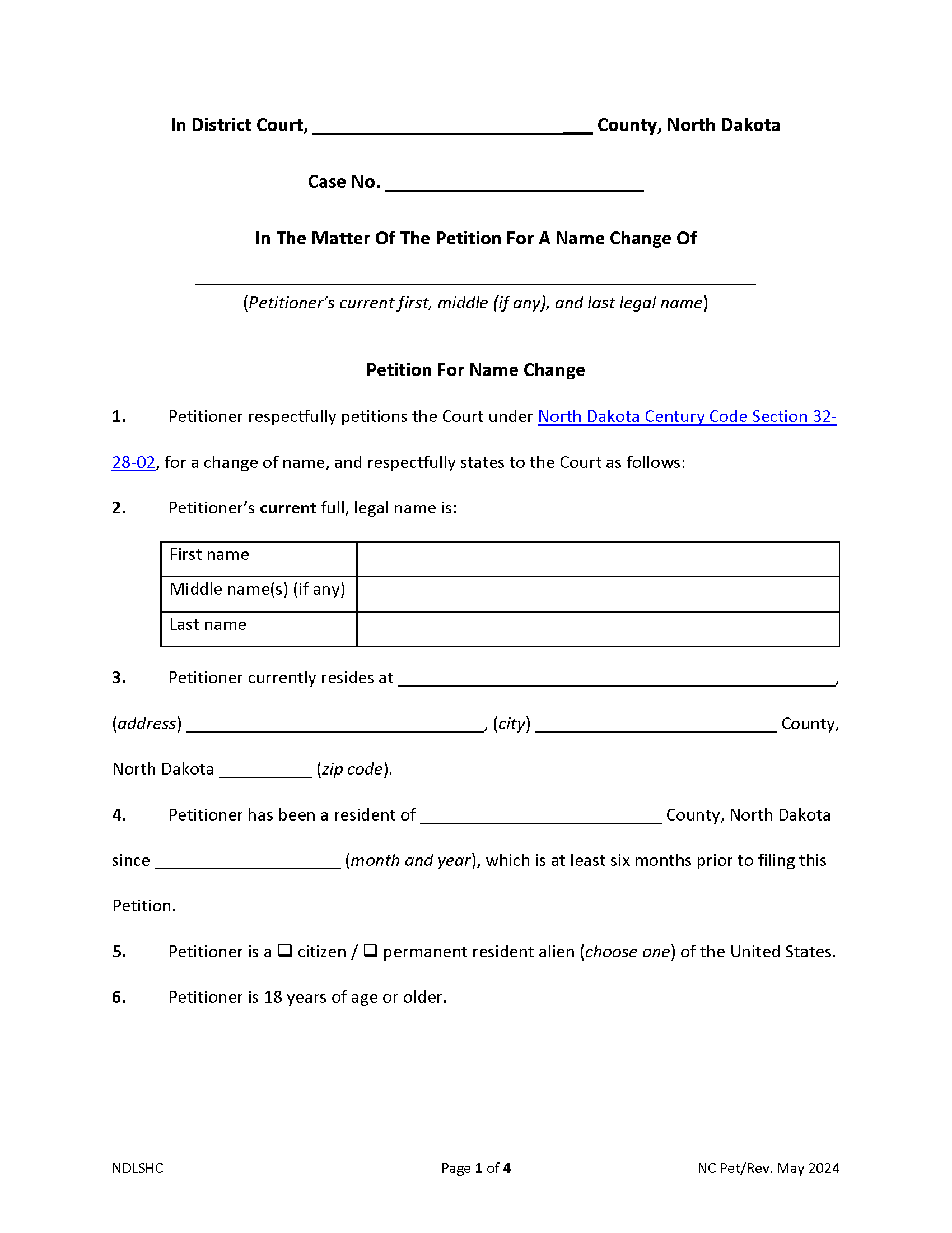 North Dakota Name Change Form | Petition