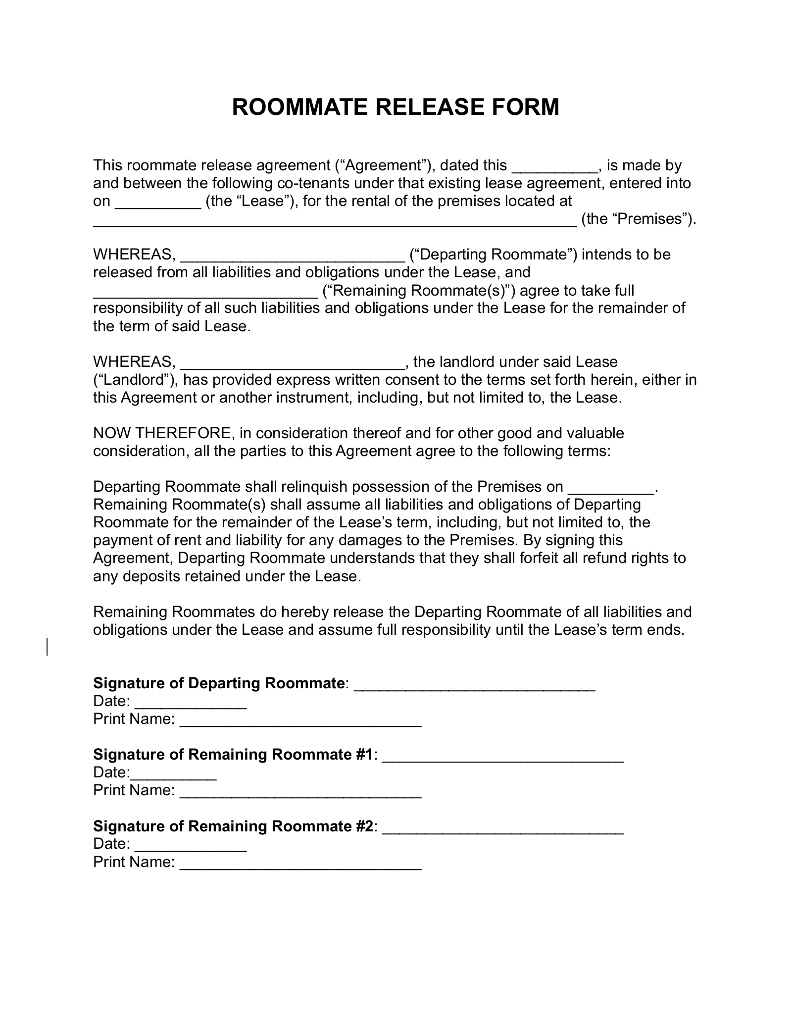 Roommate Release Form