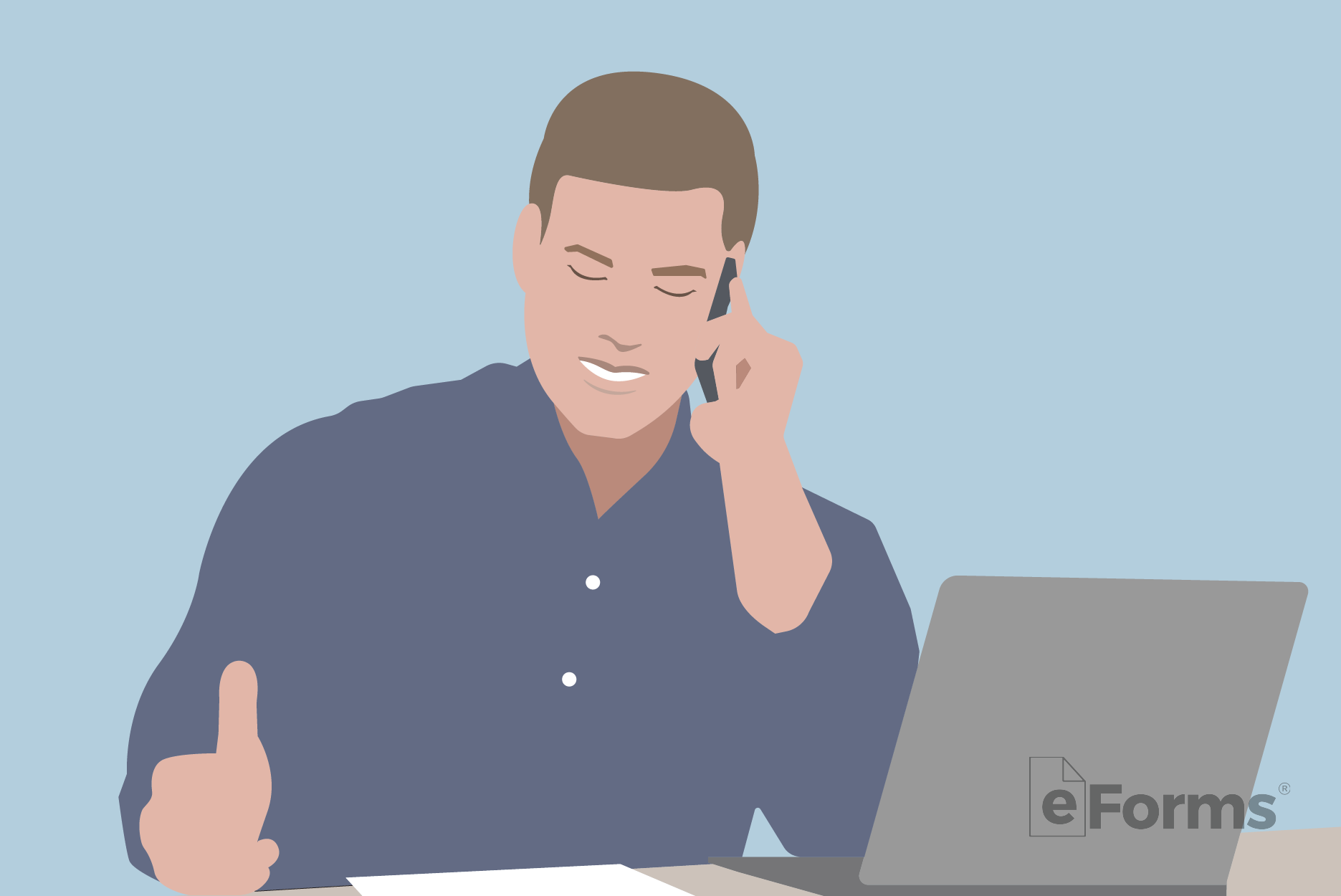 Male talking on phone with laptop computer in front of him. 