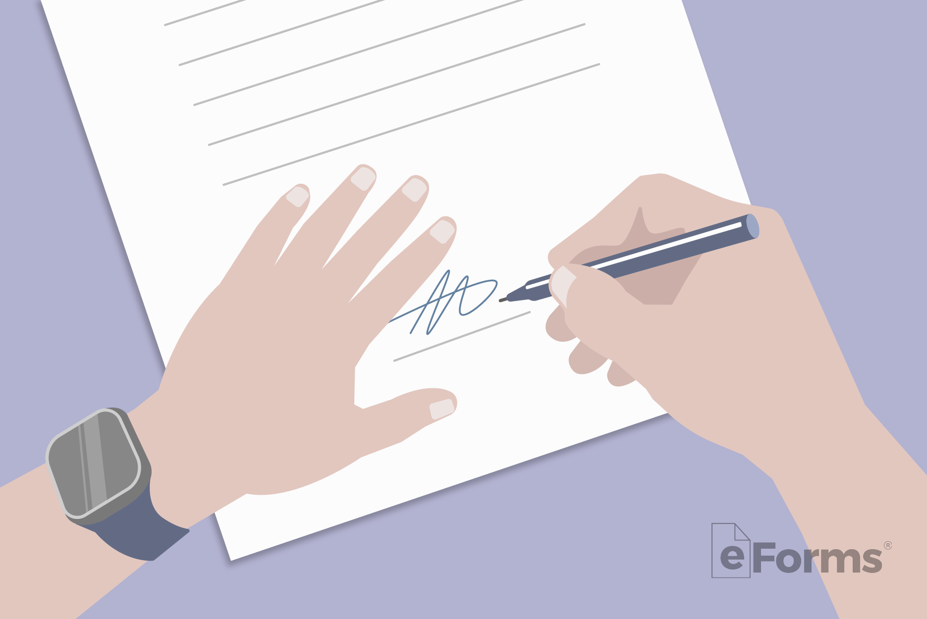 Pair of hands with document being signed with a pen. 