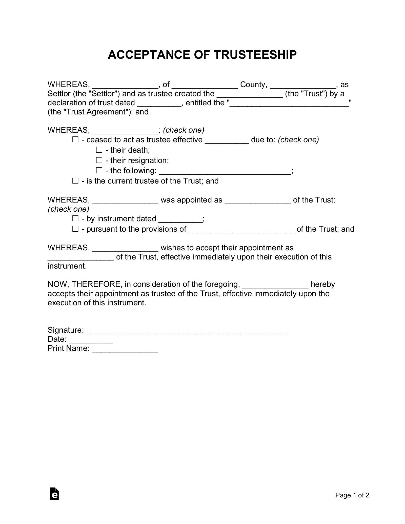 Acceptance of Trustee Form